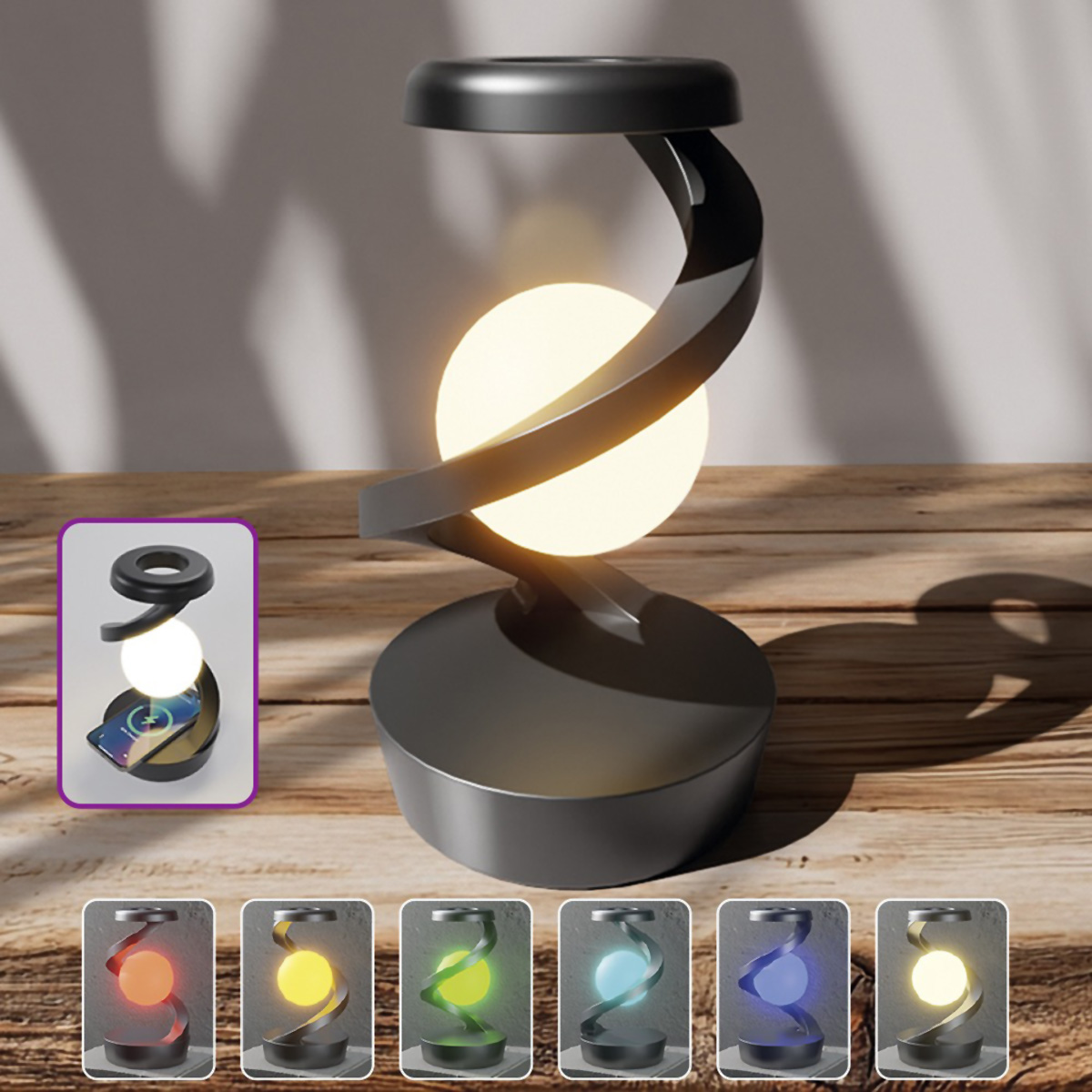 Una lámpara negra moderna con un globo brillante. La lámpara tiene un diseño en espiral. También hay lámparas más pequeñas con diferentes colores.