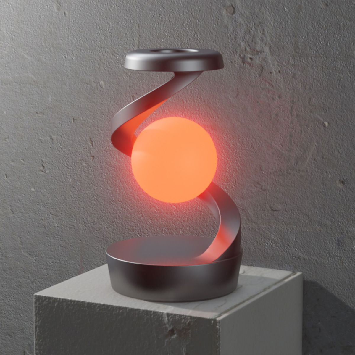 Una lámpara moderna con una esfera naranja brillante en el centro. Tiene un diseño en espiral y está sobre un cubo, contra una pared de concreto.