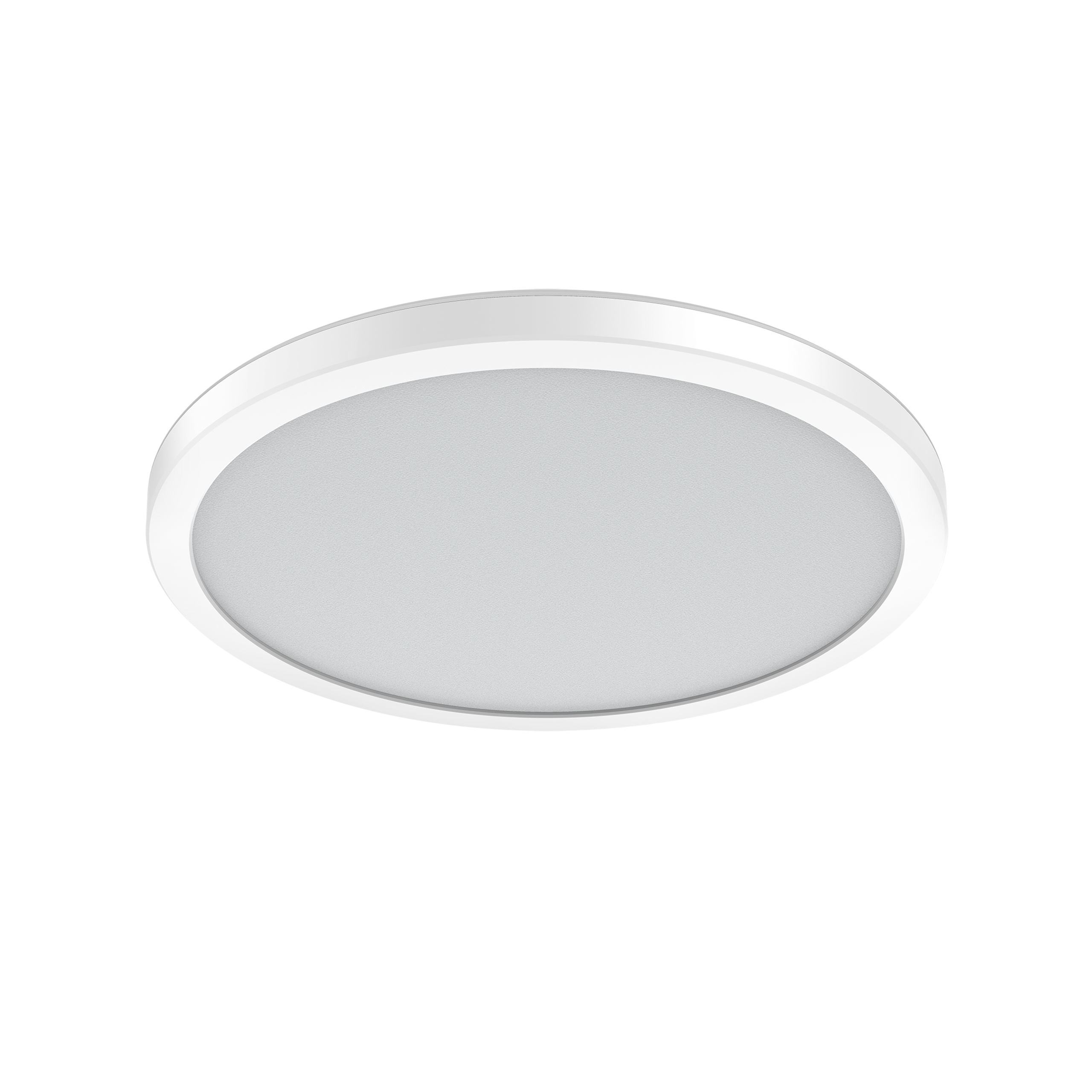 Un plafonnier LED rond blanc. Il a un cadre blanc et une surface lumineuse grise diffuse.