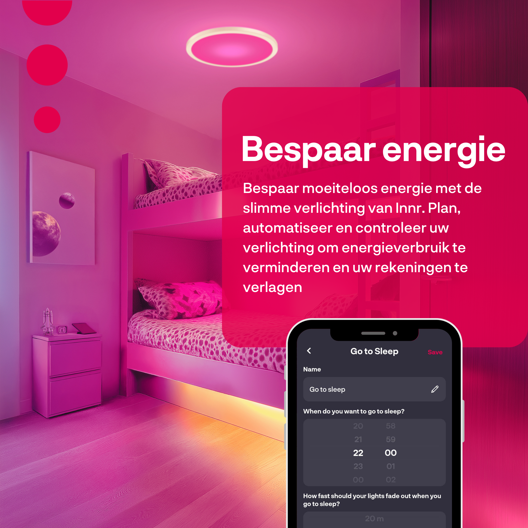 Ein rosa Zimmer mit Etagenbetten. Ein Telefon zeigt eine 'Schlafengehen'-Einstellung. Text sagt 'Energie sparen'.
