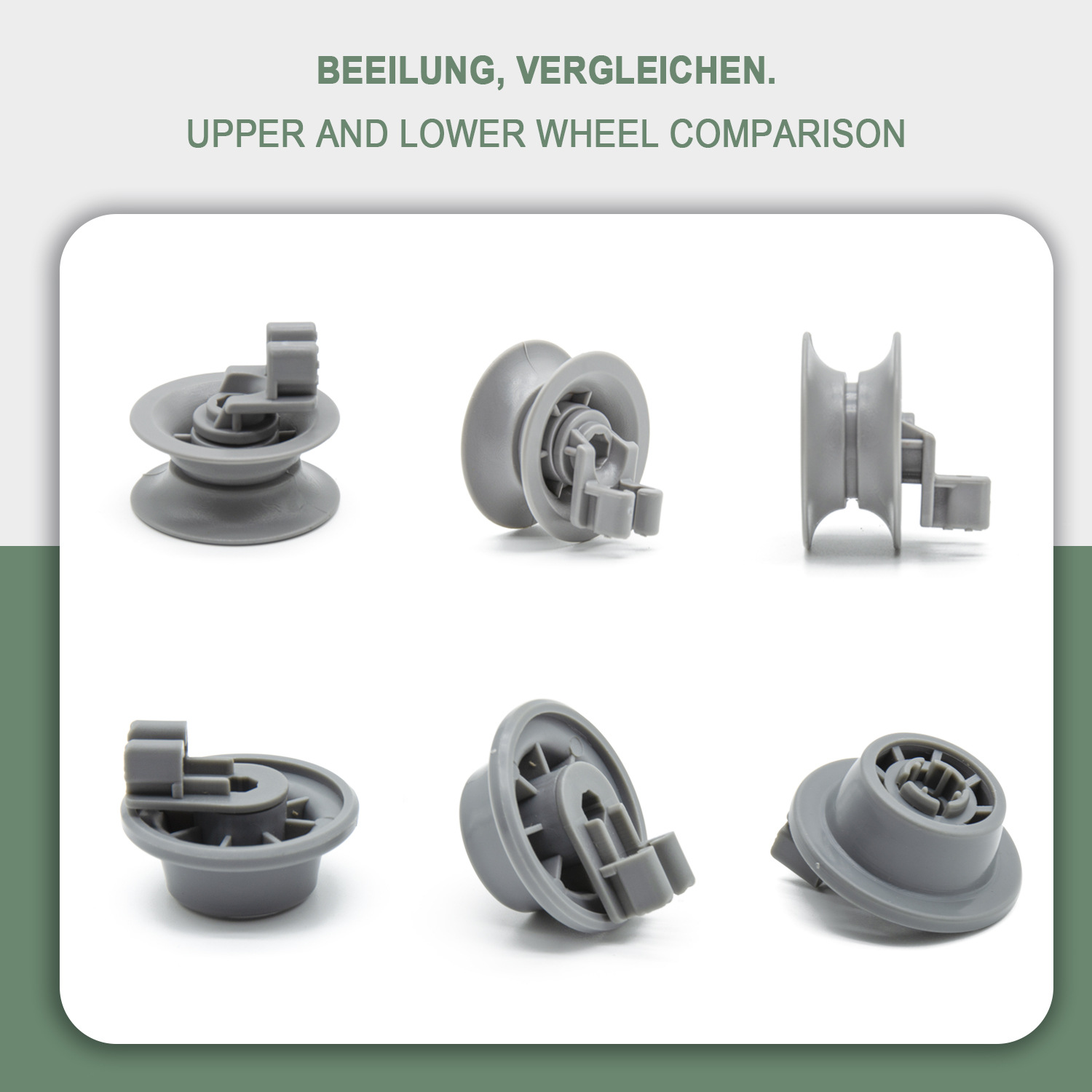 Das Bild zeigt sechs graue Geschirrspülrad aus verschiedenen Winkeln und vergleicht obere und untere Raddesigns. Der Text oben lautet 'Vergleich'.