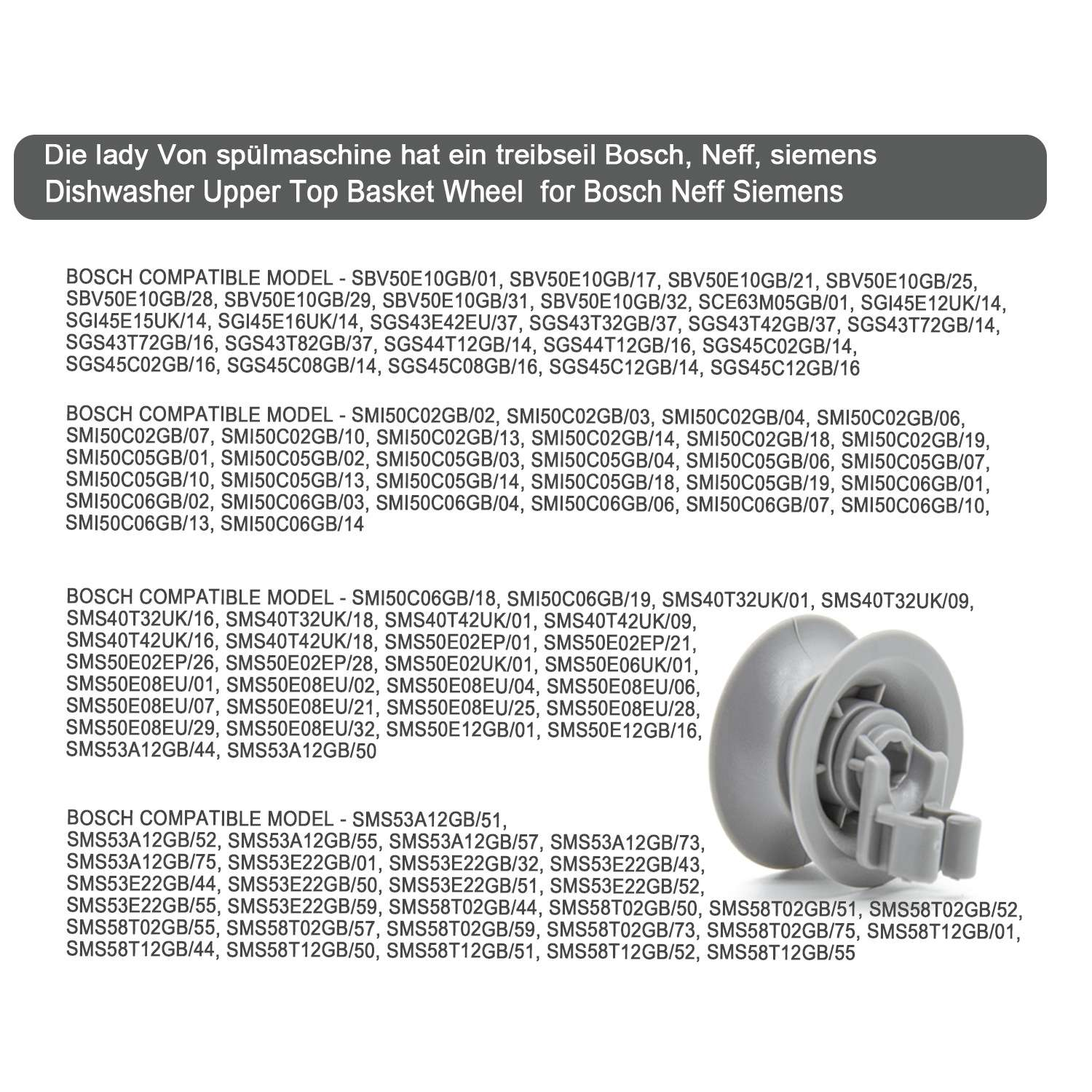 Graues Spülmaschinen-Oberkorb-Rad mit Liste kompatibler Bosch-, Neff- und Siemens-Modelle.