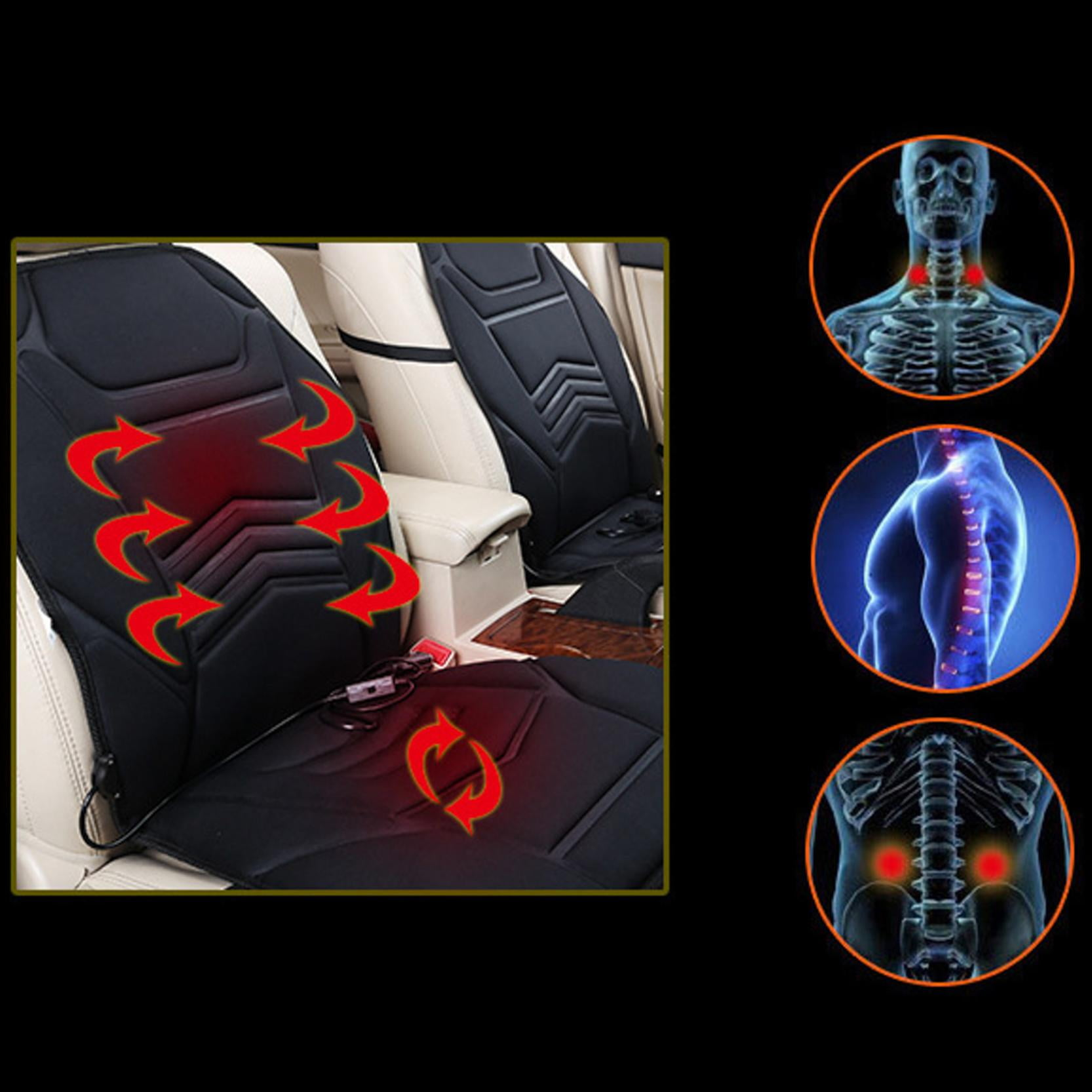 Autositzmassagegerät mit roten Pfeilen, die Wärme anzeigen. Anatomische Diagramme zeigen Nacken-, Rücken- und Hüftschmerzlinderung.