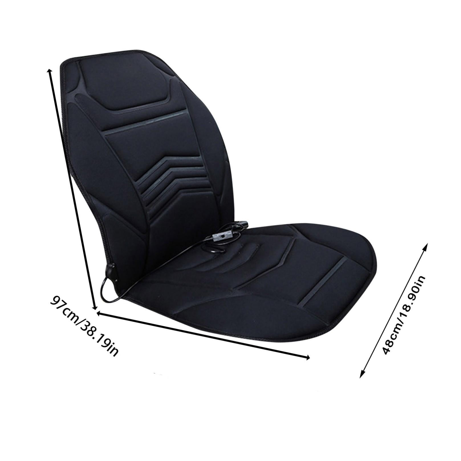 Schwarze beheizte Autositzbezug. Es hat die Abmessungen 97 cm / 38,19 Zoll x 48 cm / 18,90 Zoll. Es ist auf weißem Hintergrund.