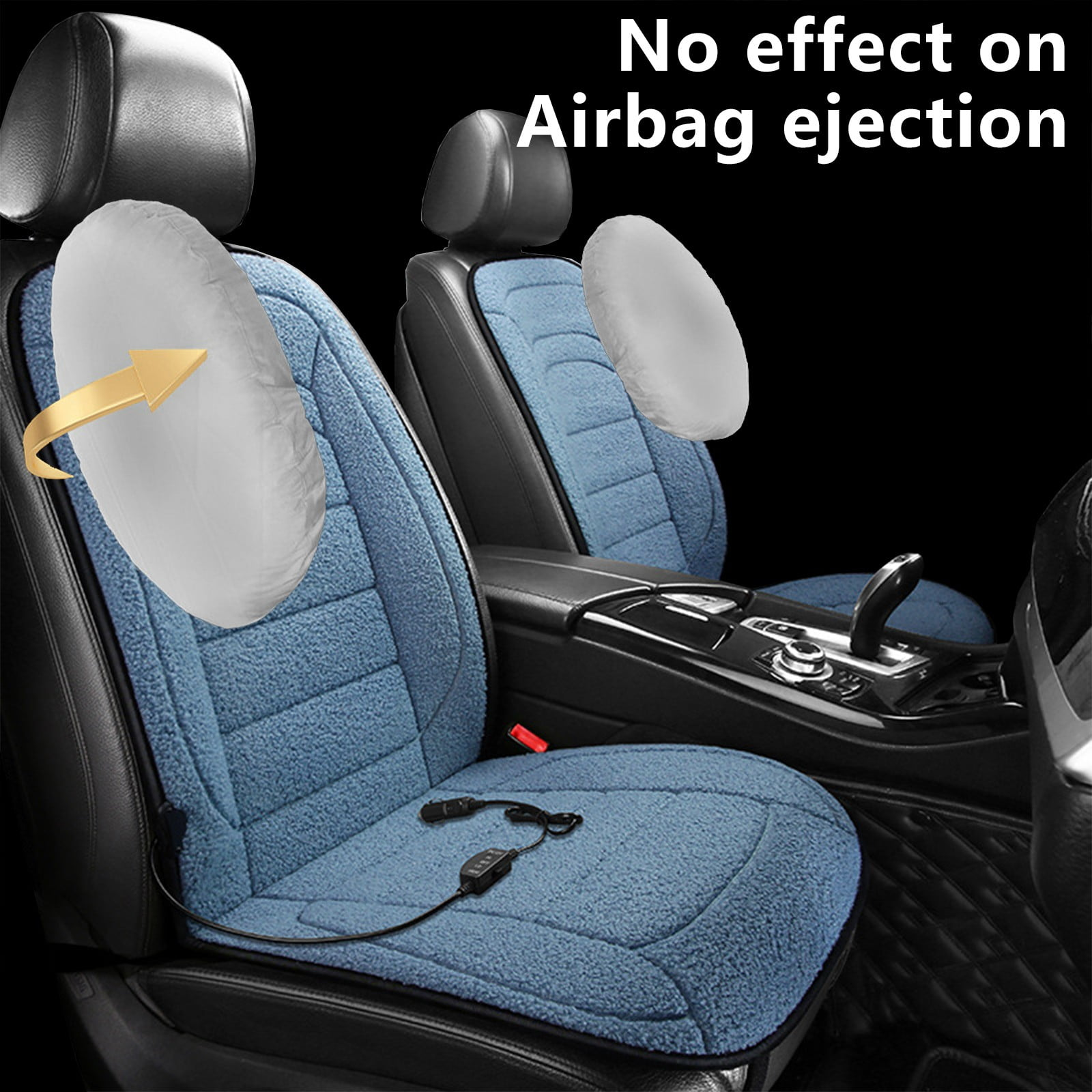 Autositz mit blauem Bezug und weißem Airbag. Text: Keine Auswirkung auf die Airbagauslösung.