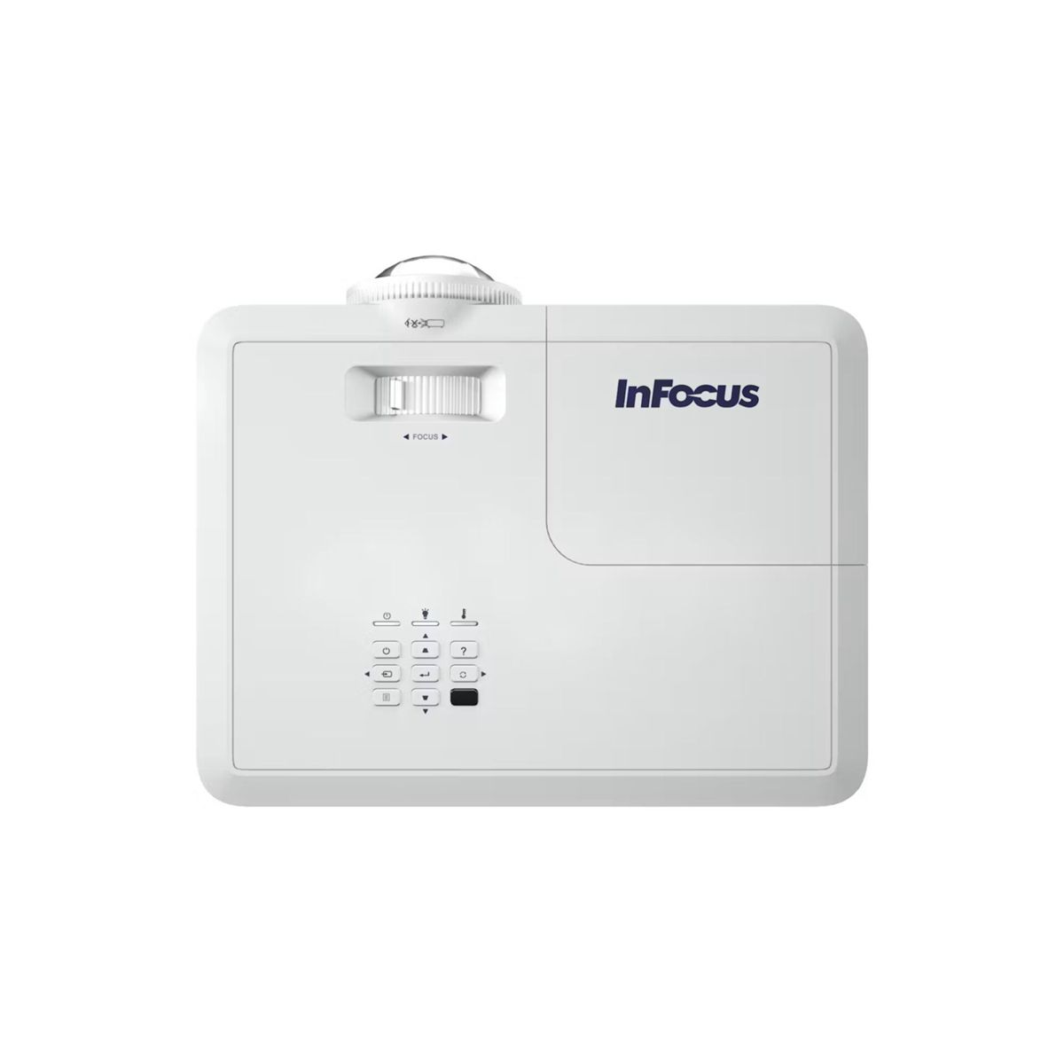 Ein weißer InFocus-Projektor auf weißem Hintergrund. Er hat Knöpfe und eine Linse. Das InFocus-Logo ist auf der rechten Seite zu sehen.