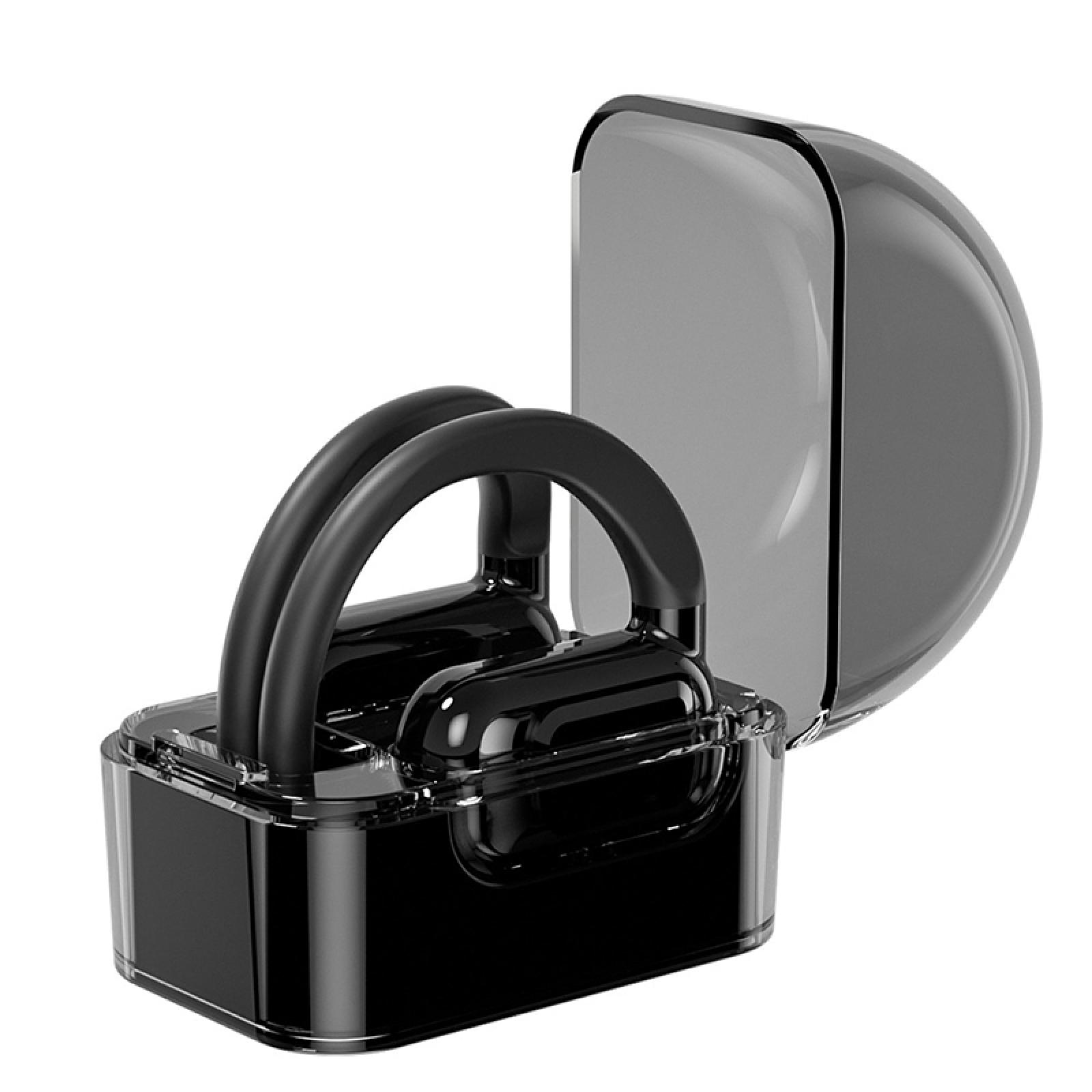 Schwarzes Kopfhörer-Etui, offen. Deckel grau, Gehäuse schwarz, mit zwei gebogenen schwarzen Griffen und Ohrhörern im Inneren. Weißer Hintergrund.