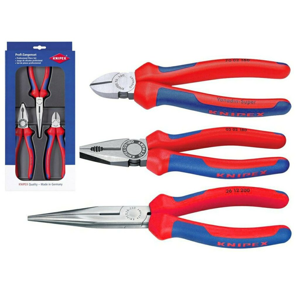 Das Bild zeigt einen Satz Knipex-Zangen. Es gibt 4 verschiedene Zangen mit rot-blauen Griffen und eine Packung links.