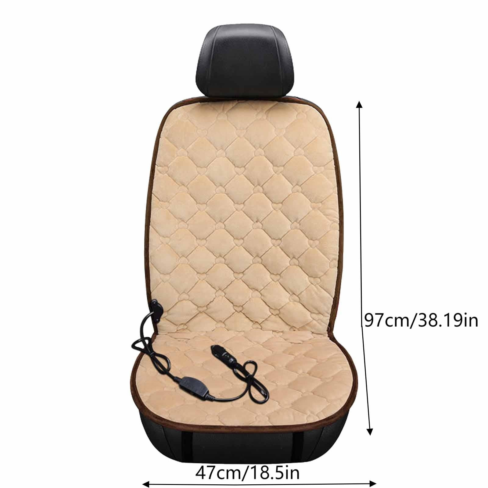 Autositzbezug. Beige gesteppter Stoff, braune Einfassung, schwarze Kopfstütze und Unterseite. Mit Maßen.