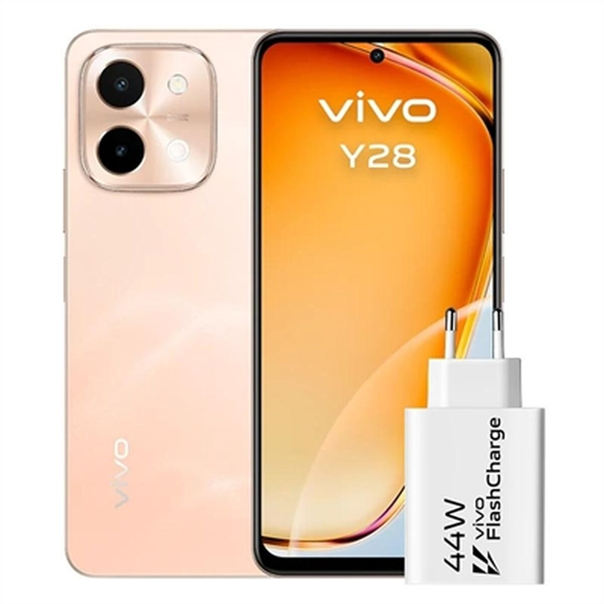 Un telefono Vivo Y28 color pesca e caricabatterie. Il telefono ha doppie fotocamere. Il caricabatterie è bianco con 44W Vivo FlashCharge.