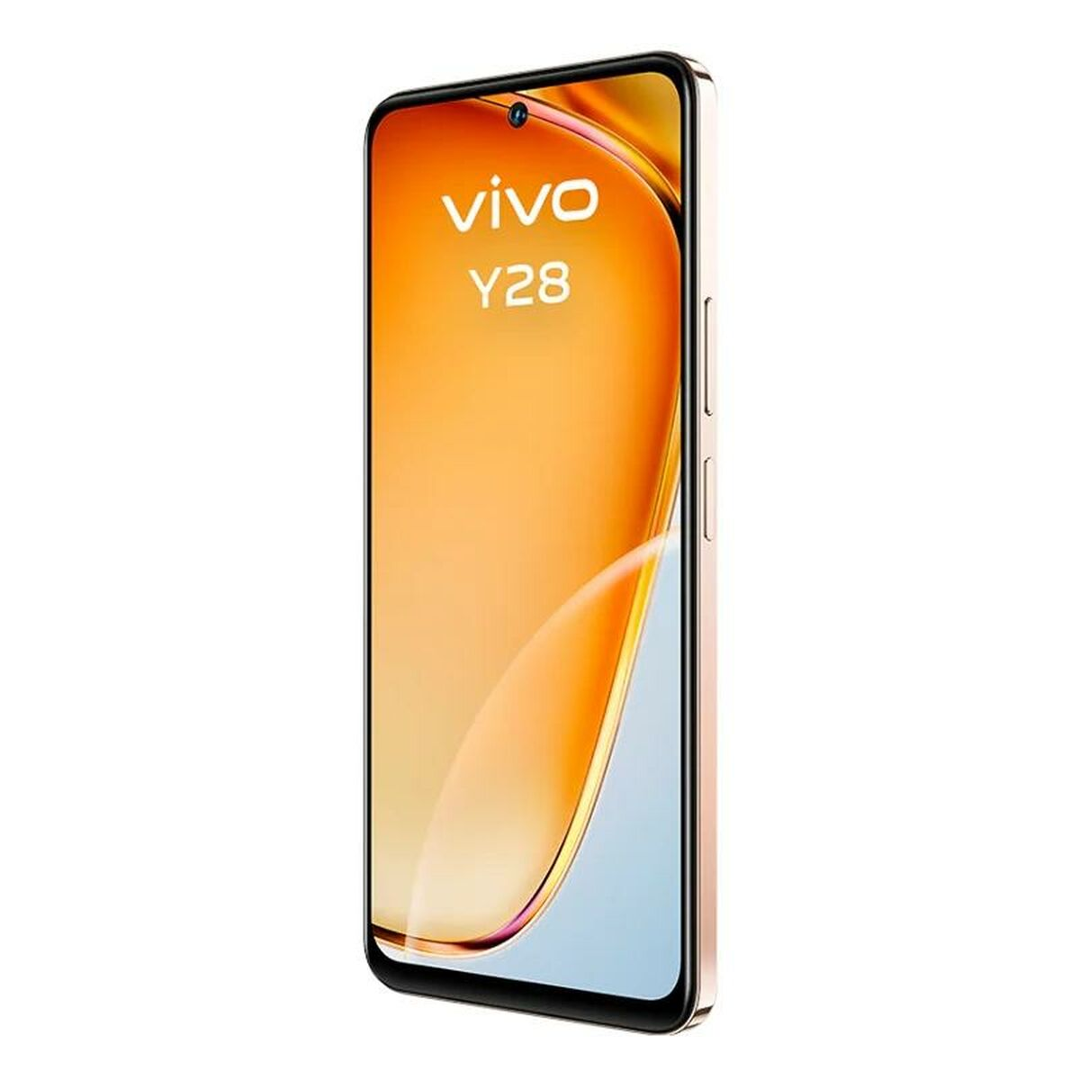 Uno smartphone Vivo Y28 con cornice dorata e schermo che mostra una sfumatura di colori arancione, bianco e blu.
