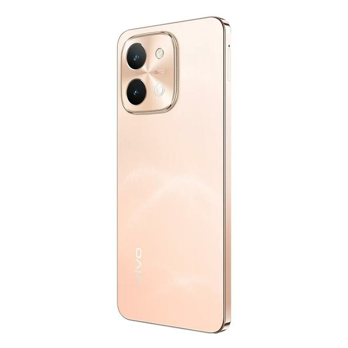 Uno smartphone color oro rosa con tre fotocamere posteriori è mostrato in prospettiva. Il logo Vivo e i dettagli della fotocamera sono visibili.
