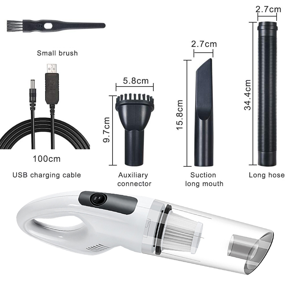 Ein weißer Handstaubsauger mit Zubehör: Bürste, USB-Kabel, Zusatzanschluss, Saugmund und ein langer Schlauch.