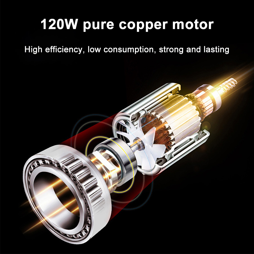 Explosionszeichnung eines Motors. Sie zeigt ein Lager, einen Lüfter und eine Kupferspule. Text lautet: '120W reiner Kupfermotor'.