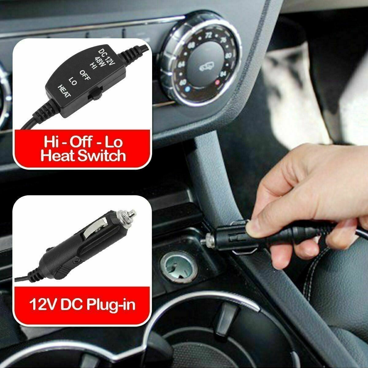 Innenansicht eines Autos mit Heizschalter und 12V-Gleichstromstecker. Eine Hand steckt den DC-Stecker ein.
