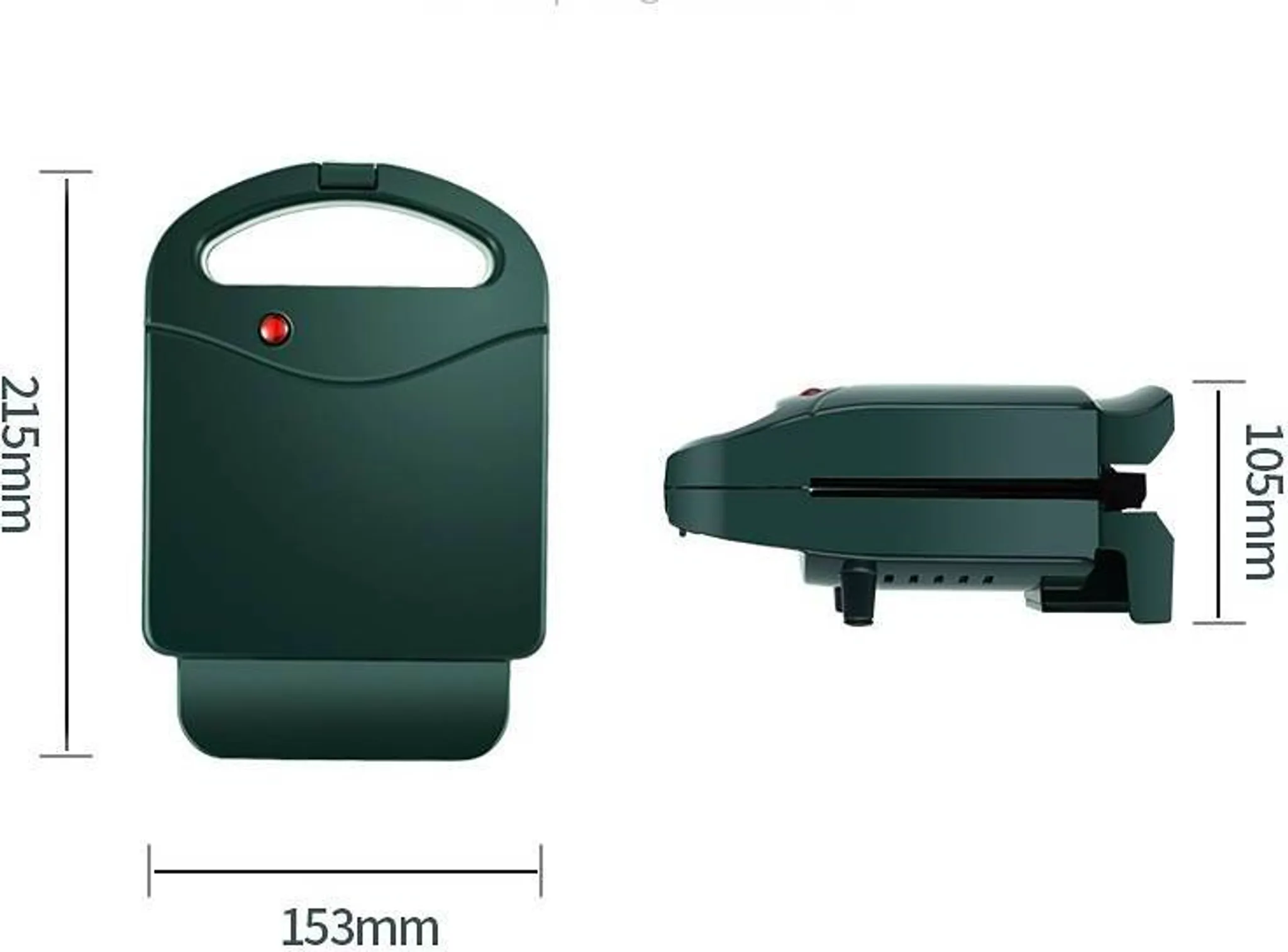 Grüner Sandwichmaker mit Griff, Abmessungen beschriftet. Seitenansicht zeigt 105 mm Höhe. Vorderansicht zeigt 215 mm Höhe und 153 mm Breite.