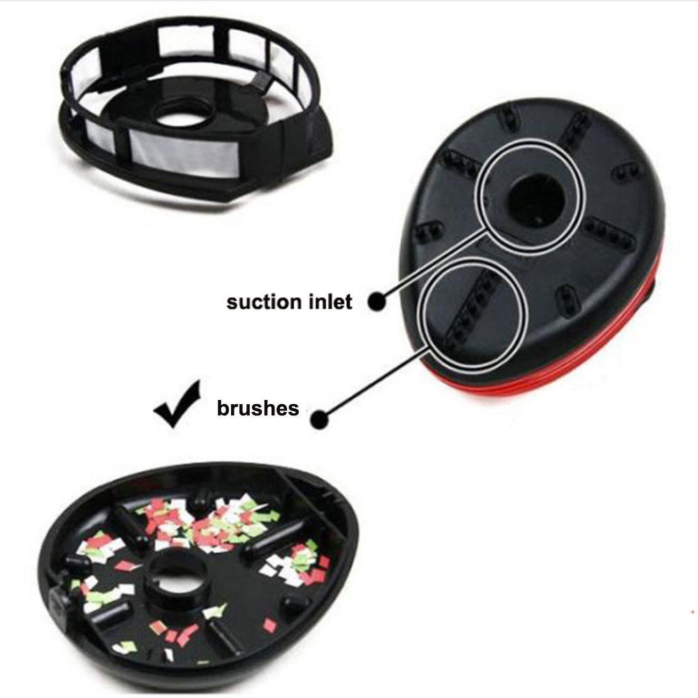 Drei Teile eines Staubsaugers: ein Filter, der Hauptkörper mit Saugöffnungen und Bürsten und ein mit Konfetti gefüllter Behälter.