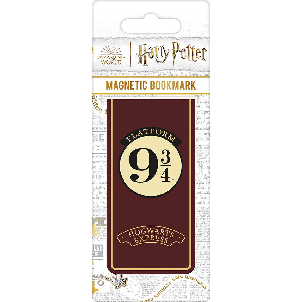 Harry Potter magnetischer Lesezeichen. Platform 9 3/4 Logo auf weinrotem Hintergrund. Hogwarts Express Text. Weißer Hintergrund.