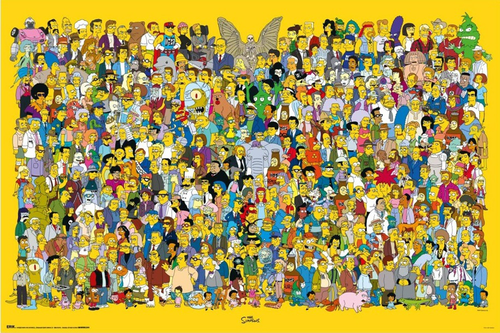 Ein Poster mit zahlreichen Simpsons-Charakteren vor gelbem Hintergrund. Charaktere in verschiedenen Größen und Farben.
