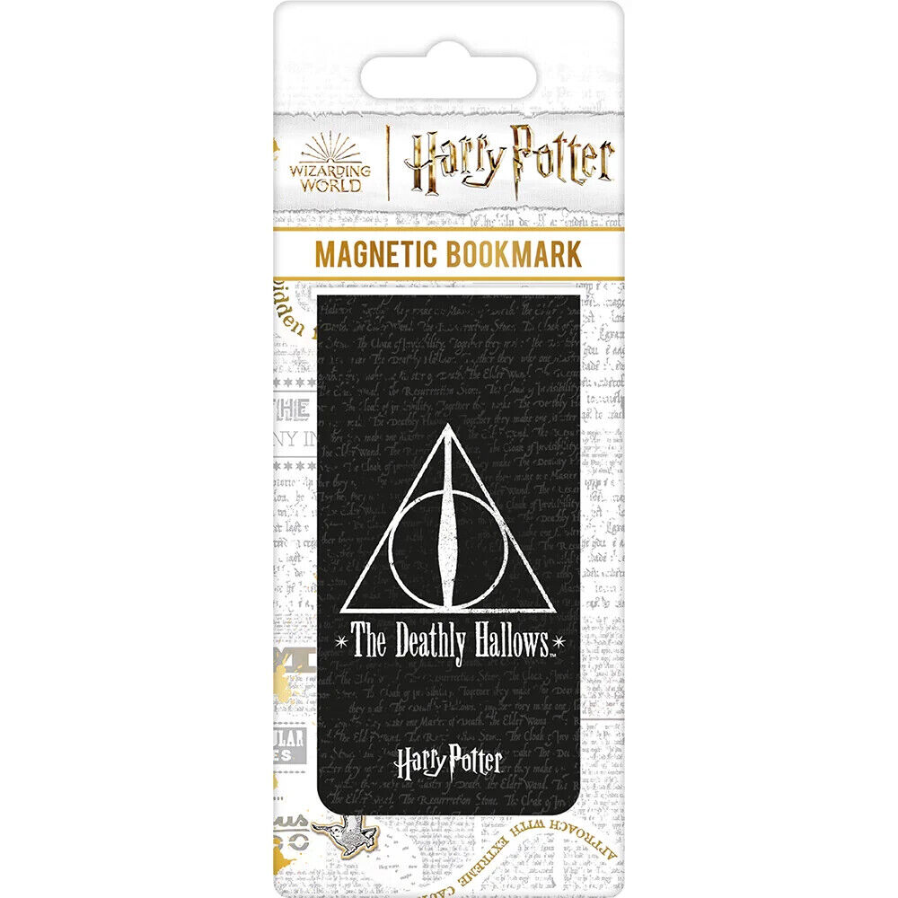 Ein Harry-Potter-Lesezeichen mit den Heiligtümern des Todes. Es hat ein weißes Dreieck mit Kreis und Linie auf schwarzem Hintergrund.