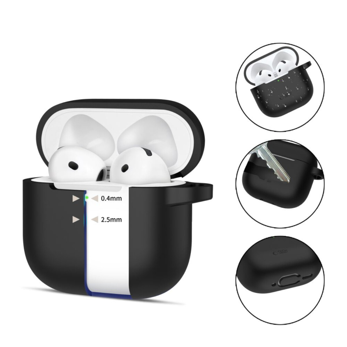 Black AirPods case with white earbuds inside, and three inset circles showing details. One has a key.