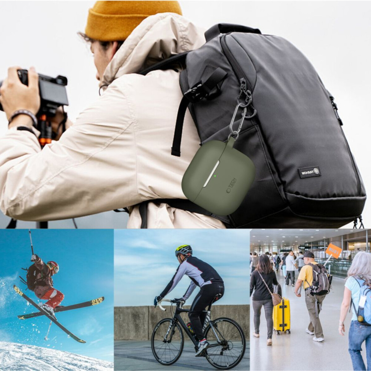 A man with a backpack and a camera. Below are skiers, a cyclist, and people with luggage in an airport.