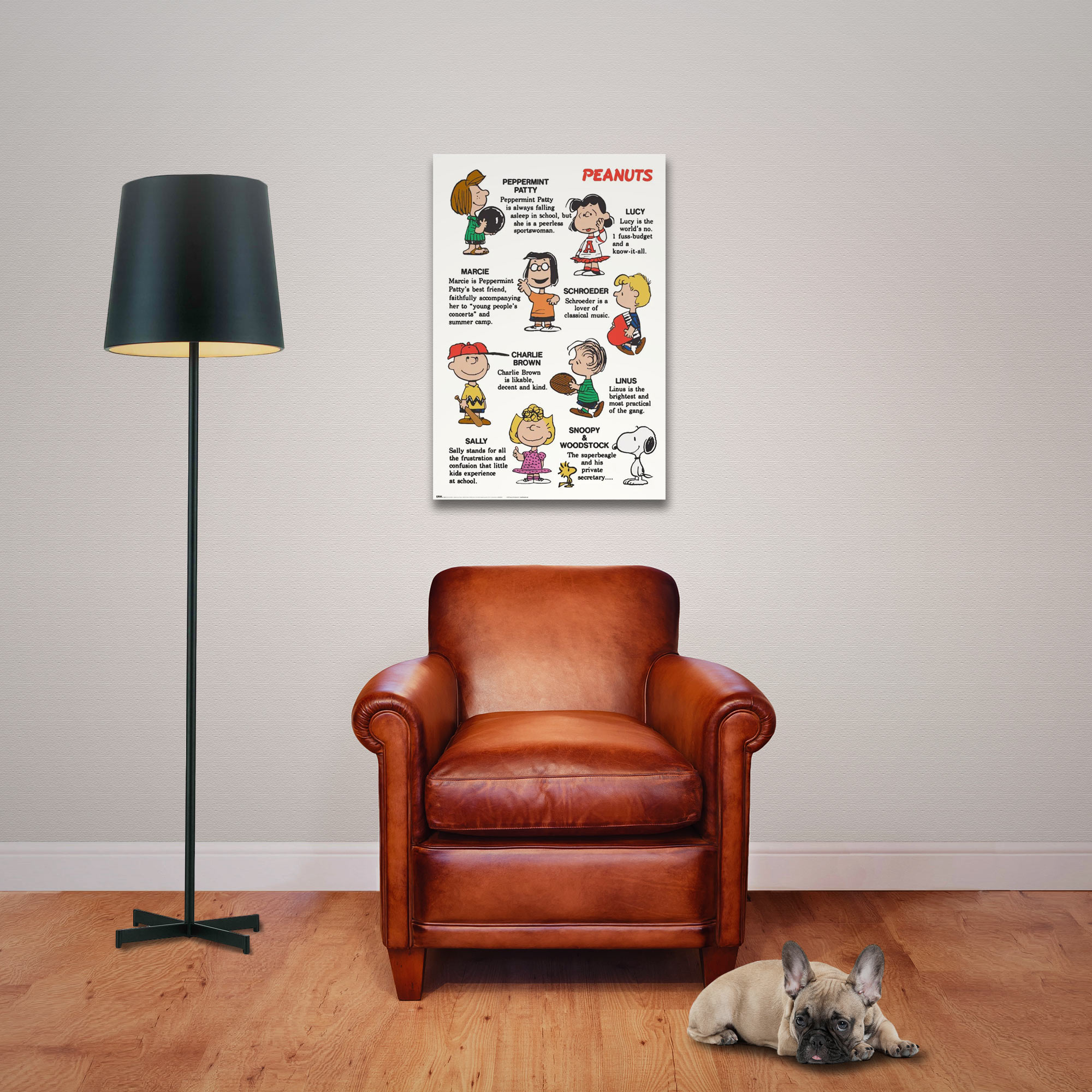 Ein Raum mit einem Peanuts-Poster, einem braunen Ledersessel, einer schwarzen Lampe und einem Hund.