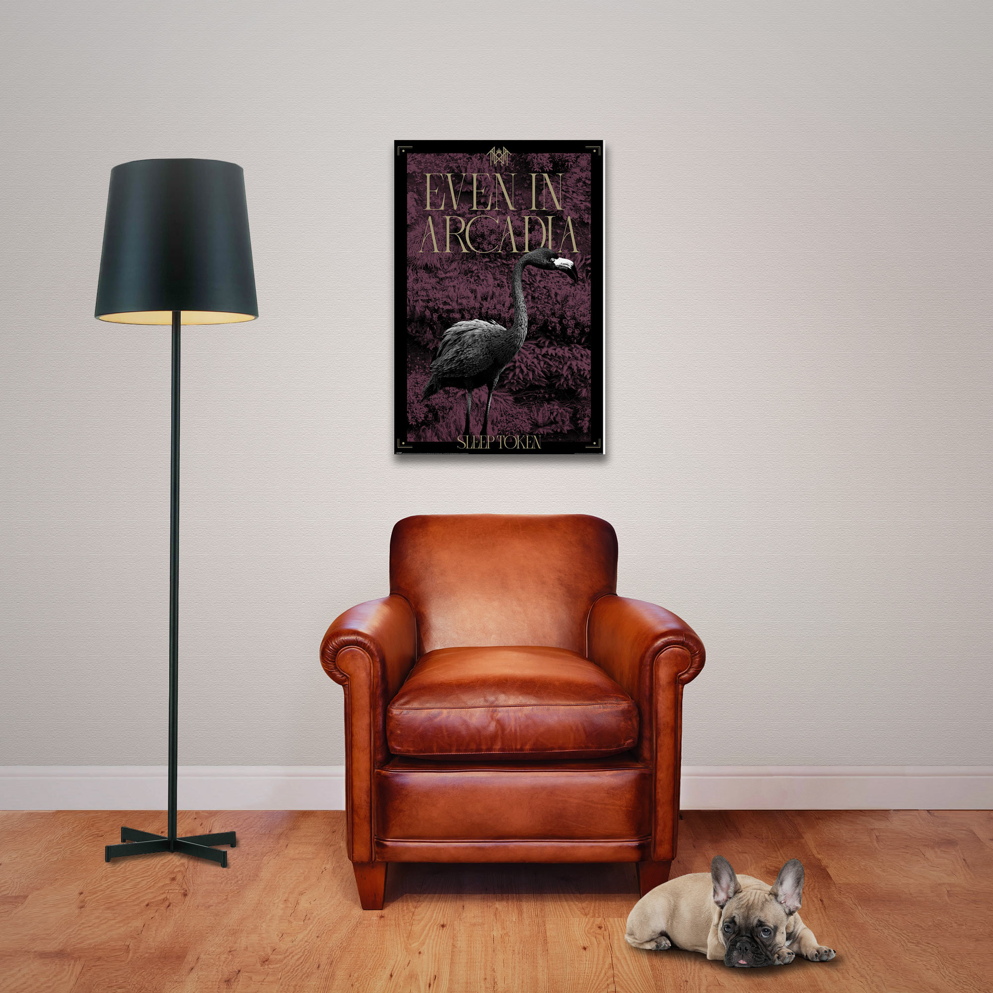 Ein Raum mit Poster, Sessel, Stehlampe und einem liegenden Hund.