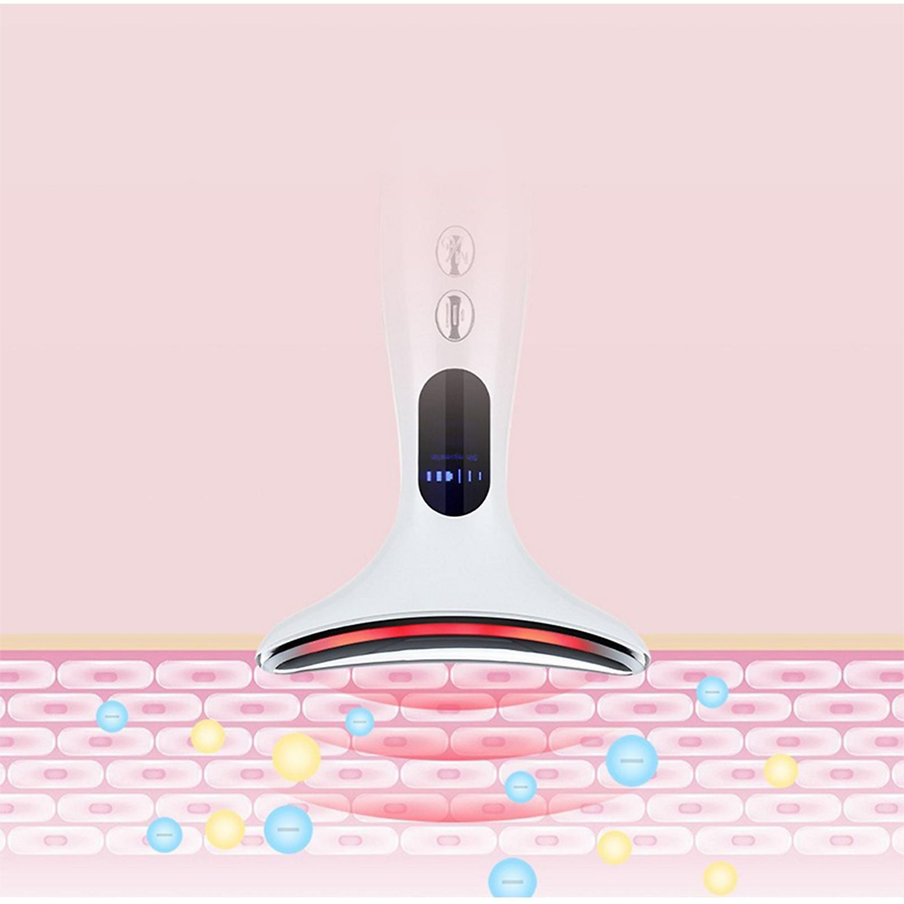 Ein weißes Hautpflegegerät mit rotem Licht, über Hautschichten, mit blauen und gelben Kugeln. Rosa Hintergrund.
