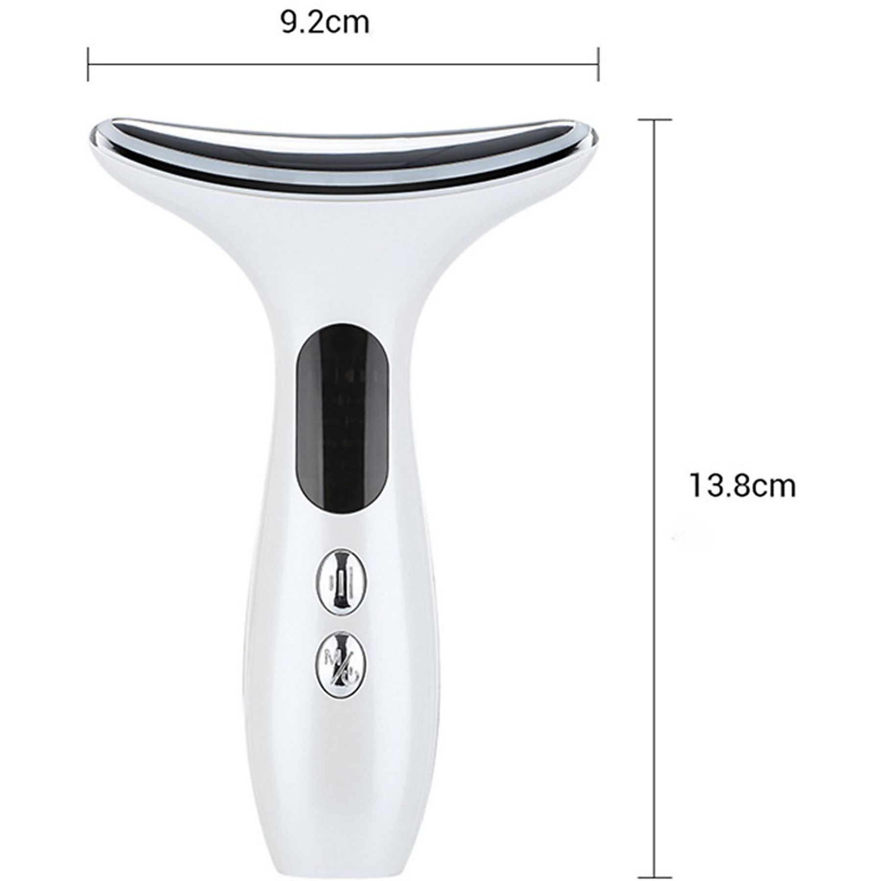 Weißes Nackenmassagegerät. Es hat eine gebogene Oberseite, ein schwarzes Display, zwei Knöpfe und Abmessungen von 9,2 cm und 13,8 cm.