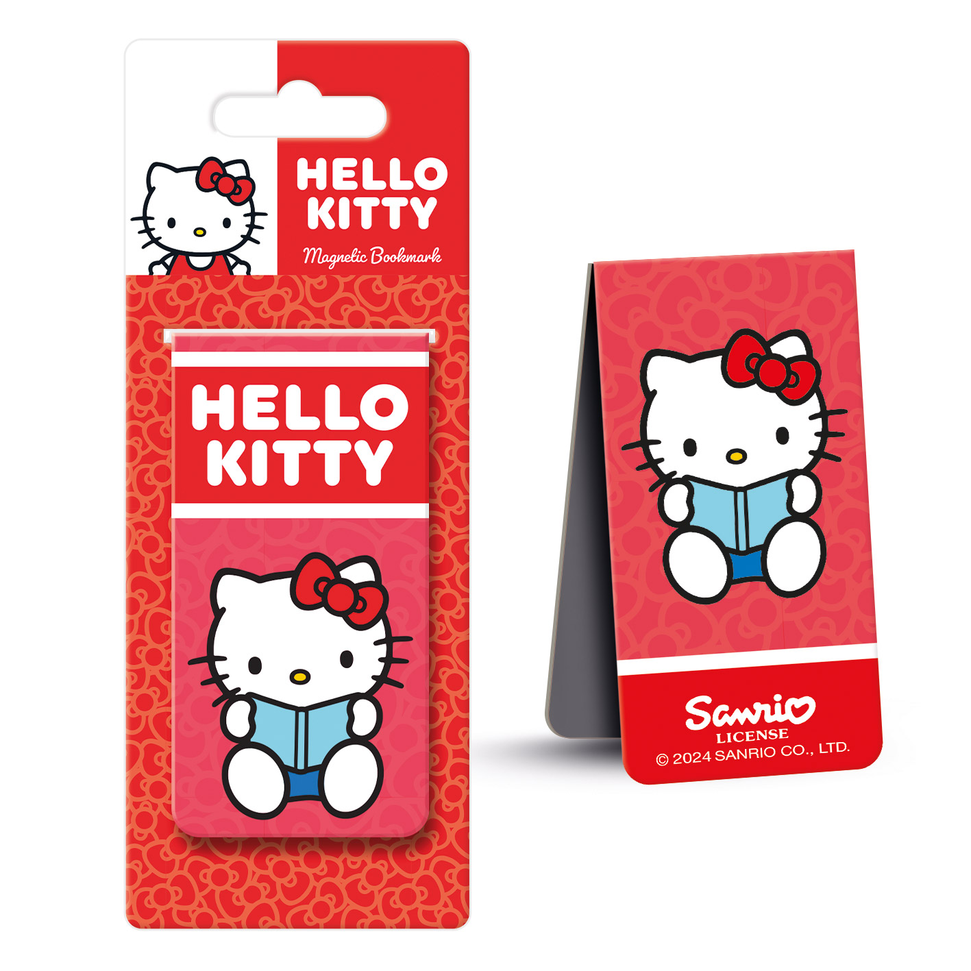 Hello Kitty magnetischer Lesezeichen. Roter Hintergrund mit Hello Kitty-Illustrationen. Enthält Verpackung und ein stehendes Lesezeichen.