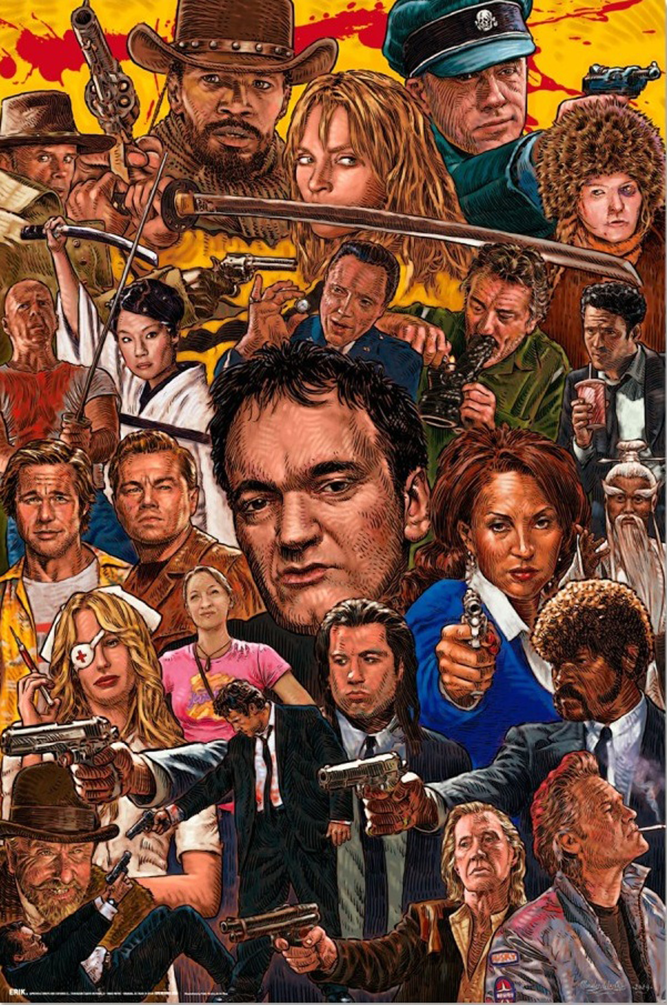 Ein Poster-Collage von Charakteren aus einem Film. Viele Leute halten Waffen, Schwerter und schauen den Betrachter intensiv an.