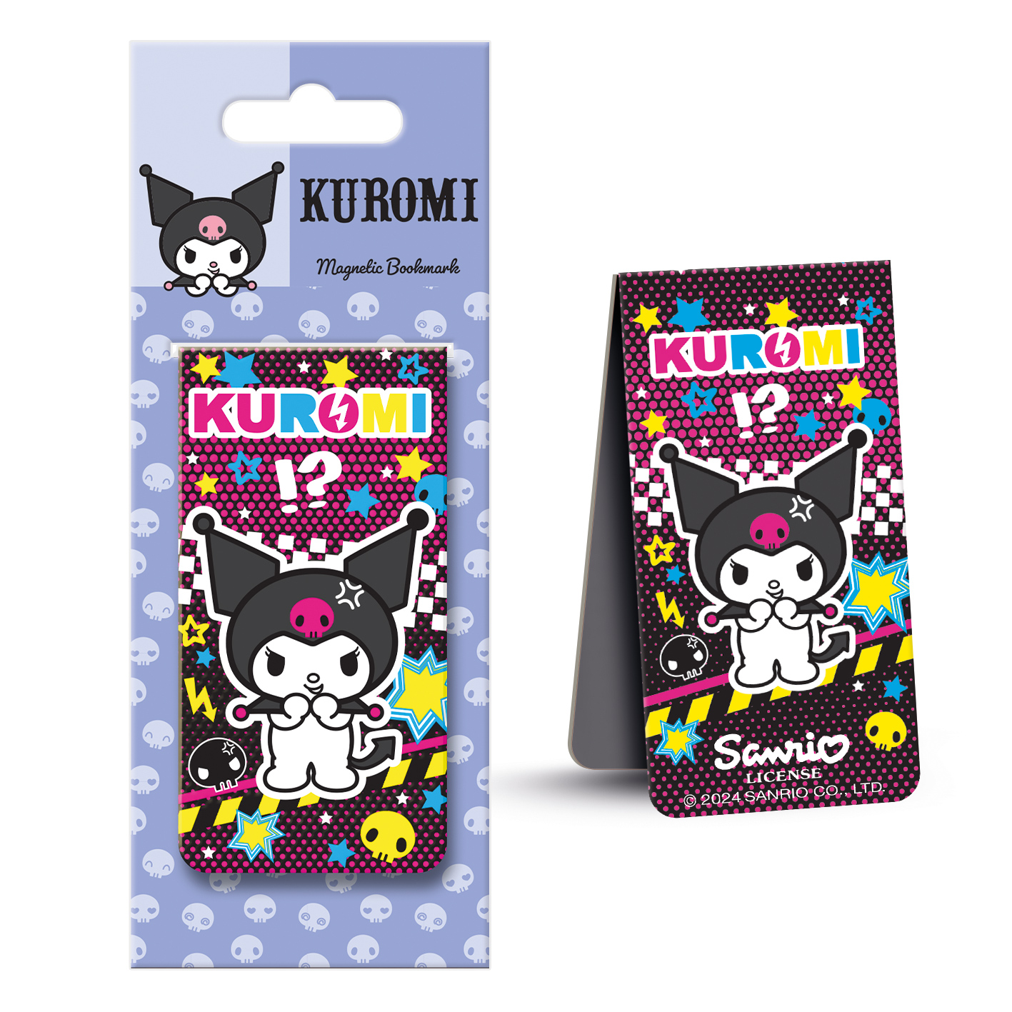 Ein magnetischer Kuromi-Lesezeichen. Das Lesezeichen zeigt Kuromi, Sterne und den Text "KUROMI". Es ist ein Produkt mit Sanrio-Lizenz.