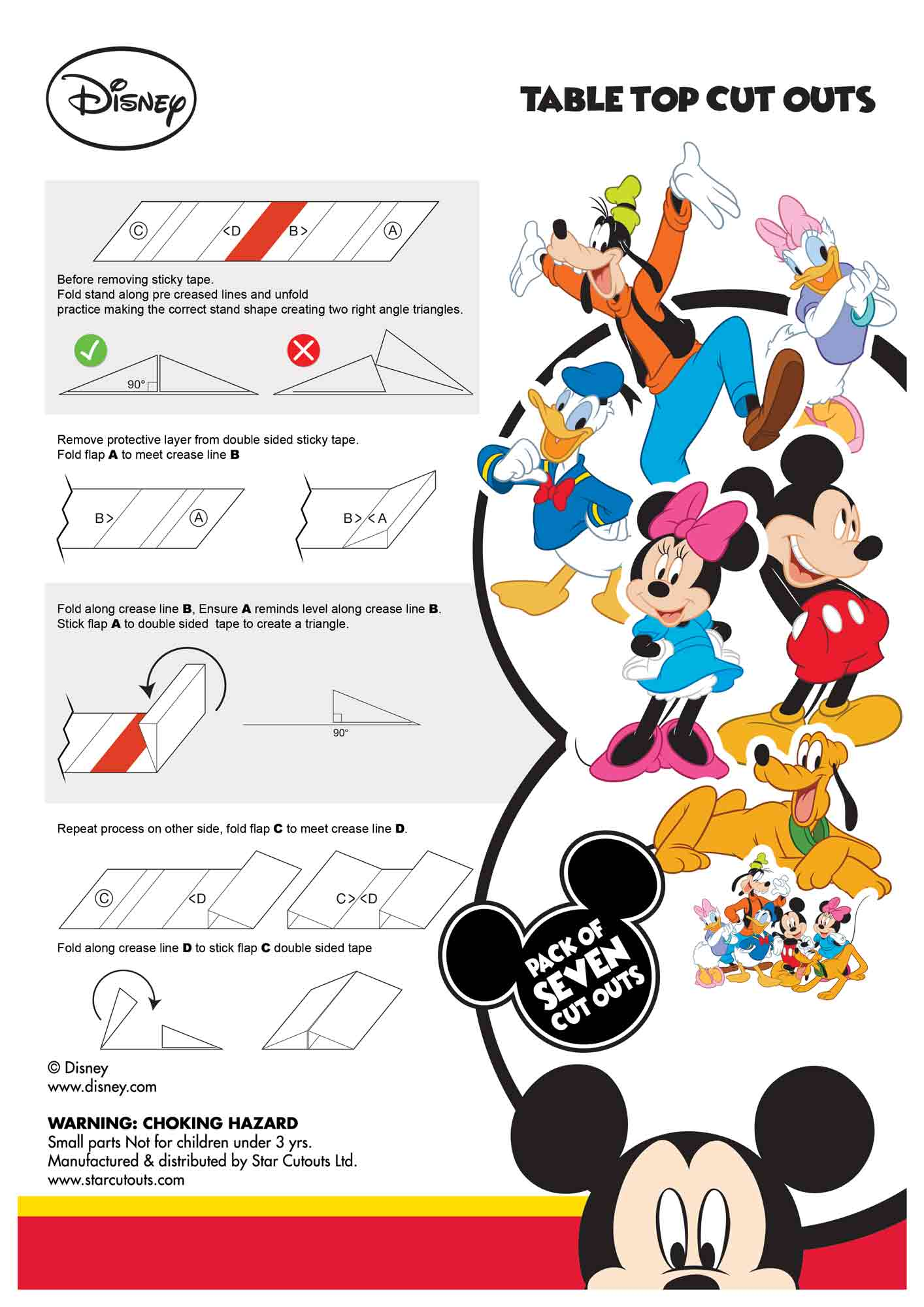 Ein Disney-Tischplatten-Ausschnitt-Paket. Mit Micky Maus, Minnie Maus, Donald Duck, Daisy Duck, Goofy, Pluto und Anweisungen.