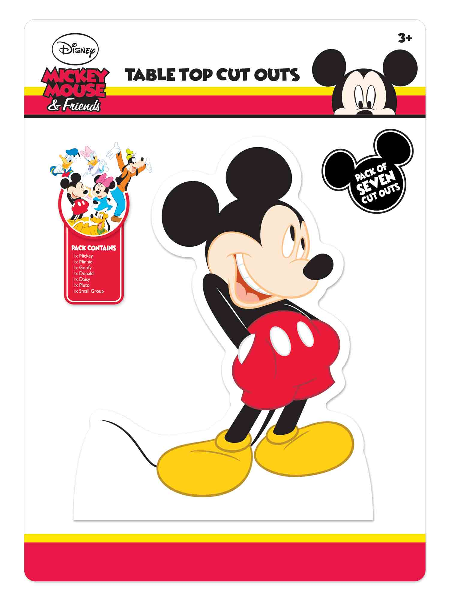 Mickey Mouse-Ausstanzung. Rote Hose, gelbe Schuhe, schwarze Ohren. Paket sagt 'Table Top Cut Outs'. Disney-Logo vorhanden.