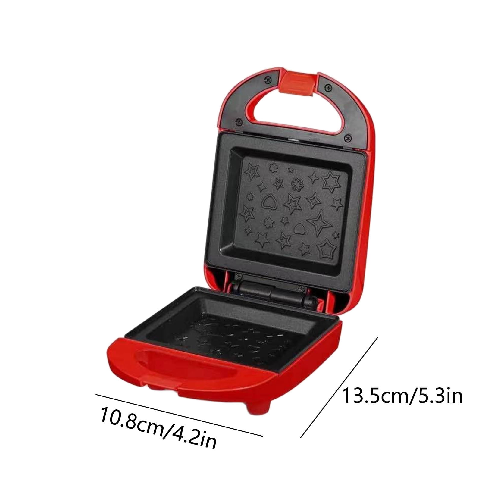 Roter Sandwichmaker, offen, mit Sternen und anderen Formen. Abmessungen sind angegeben. Griff ist schwarz.