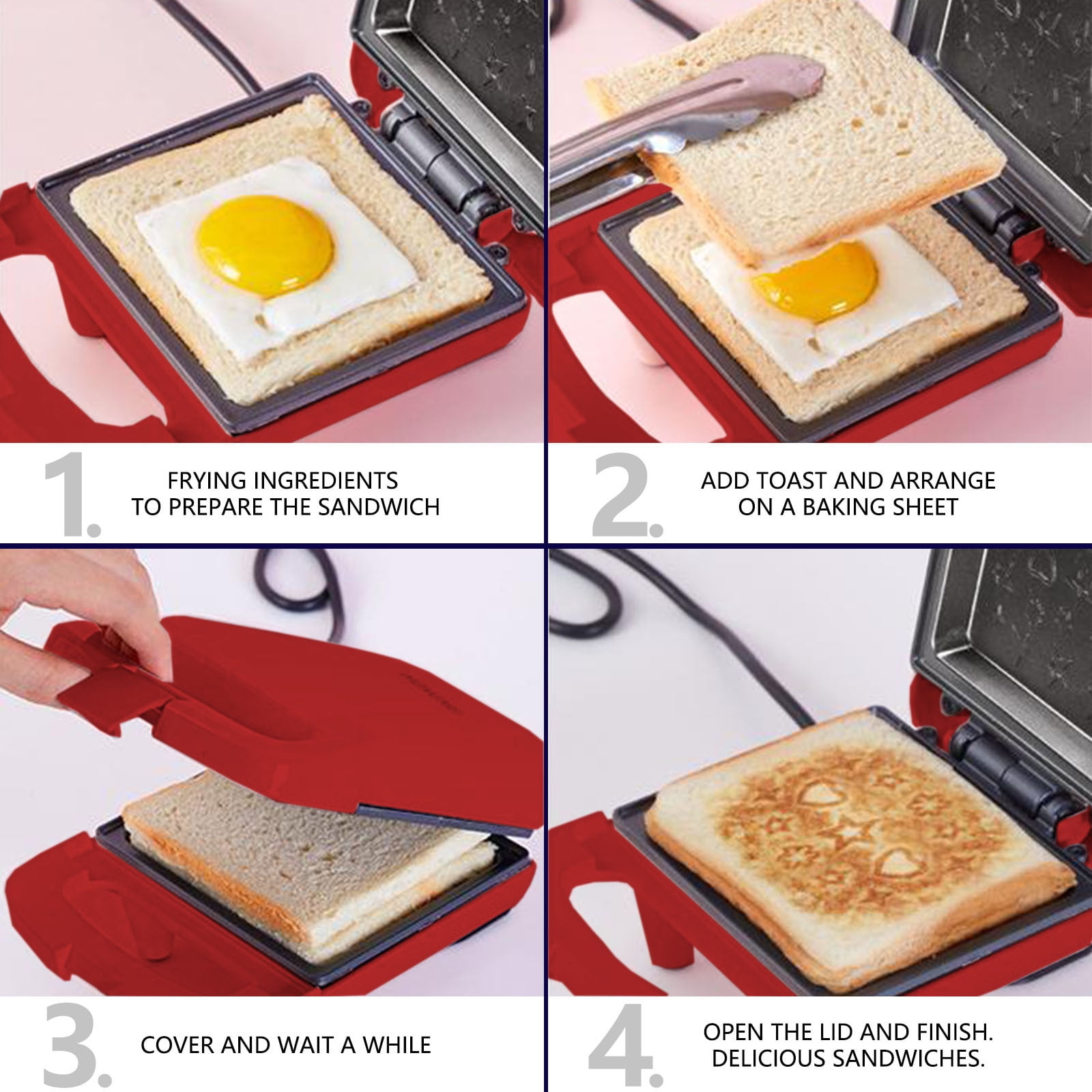 Schritte zur Herstellung eines Sandwiches. Ei und Toast in einem roten Sandwichmaker. Abdecken und warten, dann genießen.