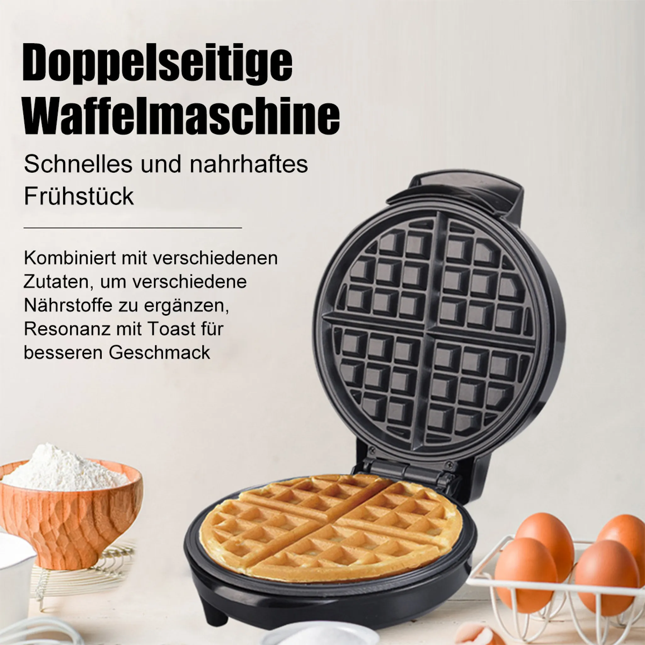 Ein Waffeleisen mit einer Waffel im Inneren, Zutaten wie Eier und Mehl sind neben der Maschine platziert.