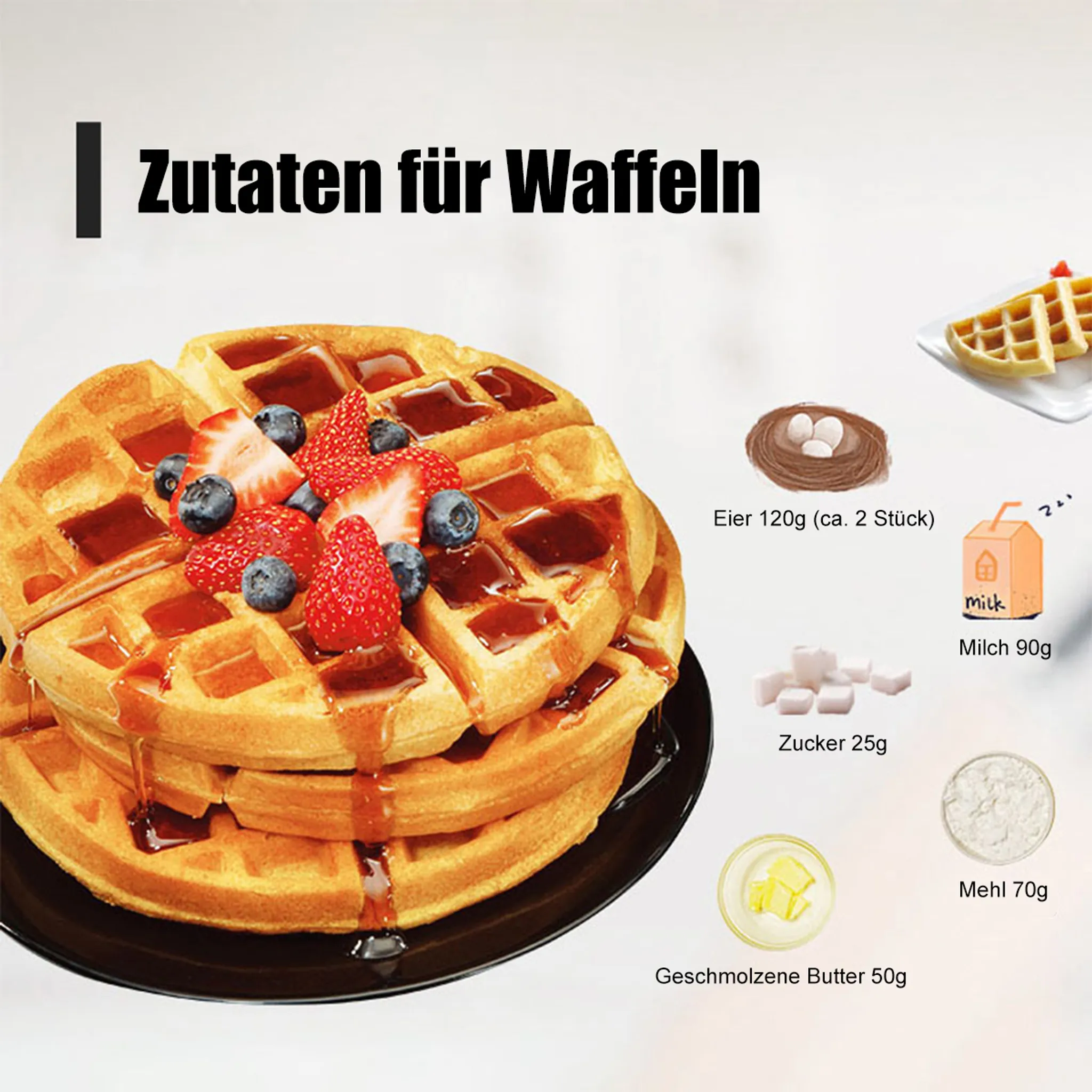 Waffeln mit Sirup, Erdbeeren und Blaubeeren. Zutaten für Waffeln: Eier, Zucker, Milch, Butter und Mehl werden gezeigt.