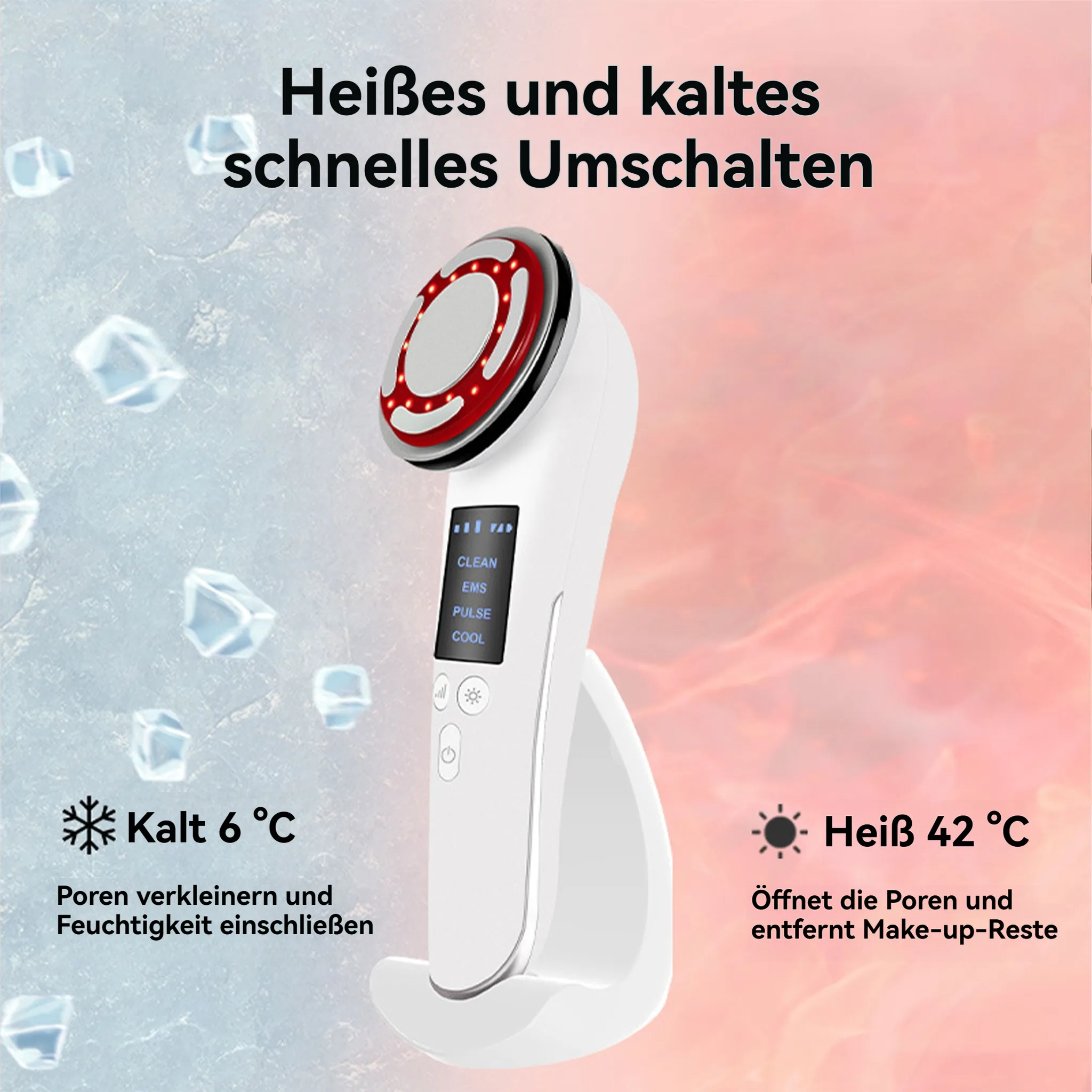 Weißes Gesichtsgerät mit roten Details, zeigt Einstellungen an. Hat einen Ständer. Text beschreibt Heiß-/Kaltfunktionen.