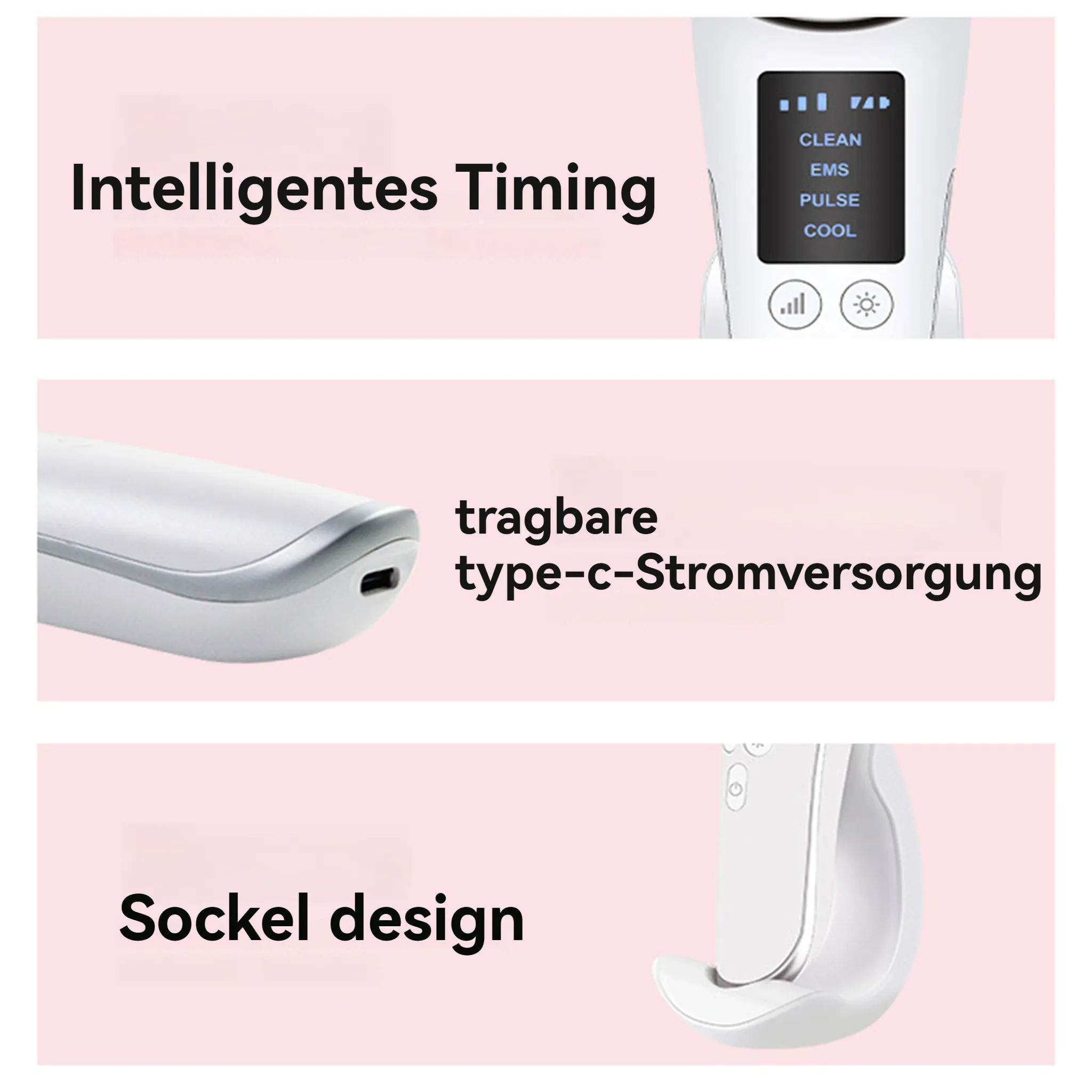Das Bild zeigt ein Hautpflegegerät mit beschrifteten Funktionen auf einem Bildschirm und Textbeschreibungen.