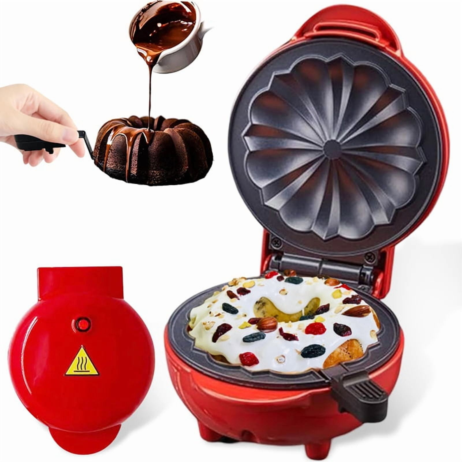 Ein roter Donut-Maker mit Kuchen, Kuchen wird glasiert und eine kleine rote Maschine.
