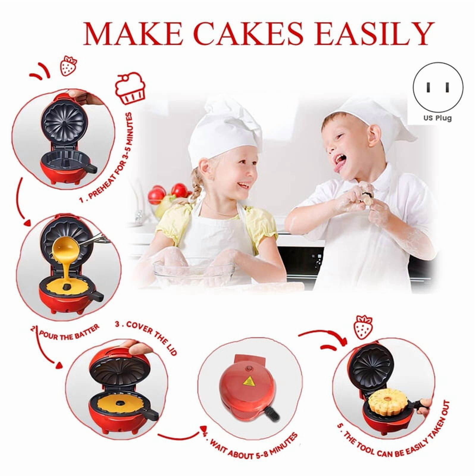 Das Bild zeigt einen roten Kuchenmacher mit Schritten. Kinder mit Kochmützen bereiten Teig zu.