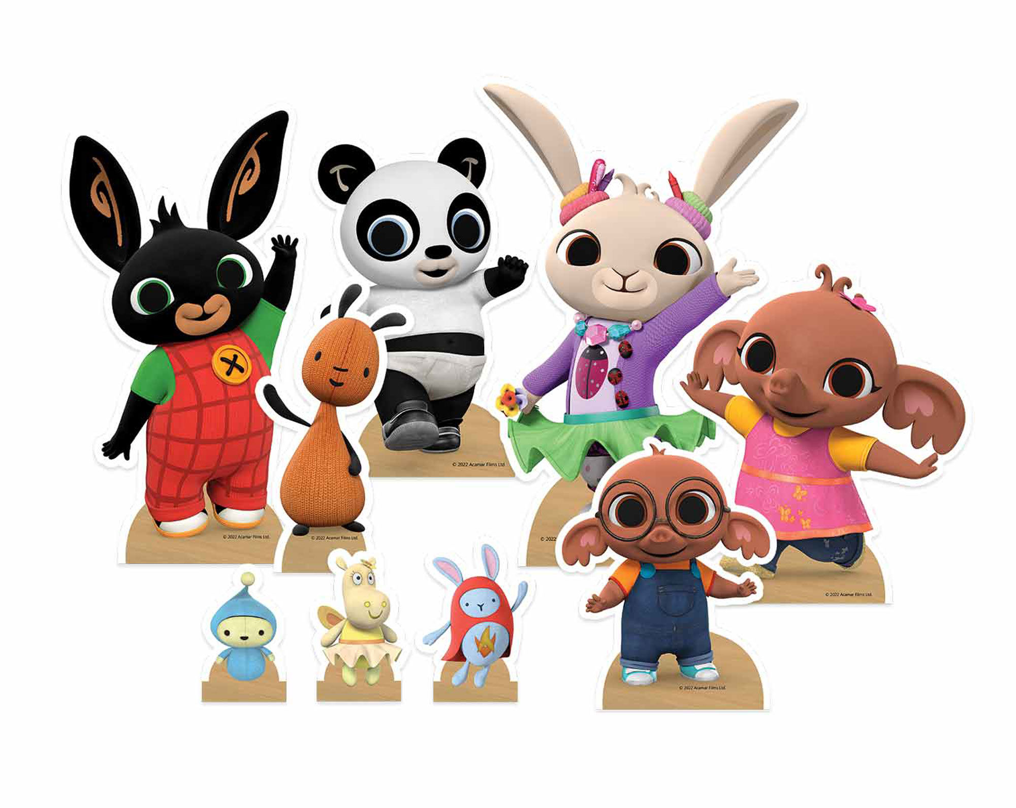 Pappaufsteller von Bing und Freunden. Zu den Charakteren gehören Bing, Sula, Flop, Pando, Coco, Charlie und andere. Die Charaktere lächeln.