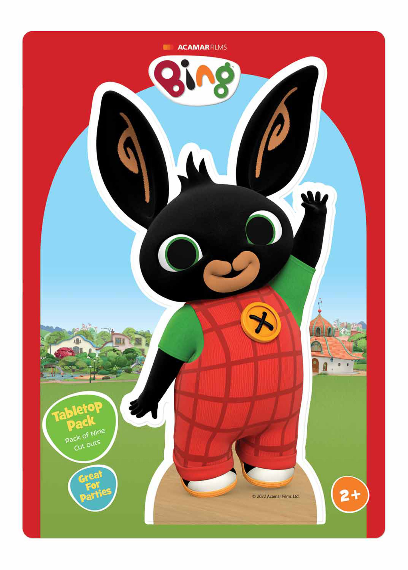 Bing, der Hasencharakter, trägt eine rote Latzhose und ein grünes Hemd auf einer Produktverpackung. Es ist ein Tischplatten-Pack mit Ausschnitten.