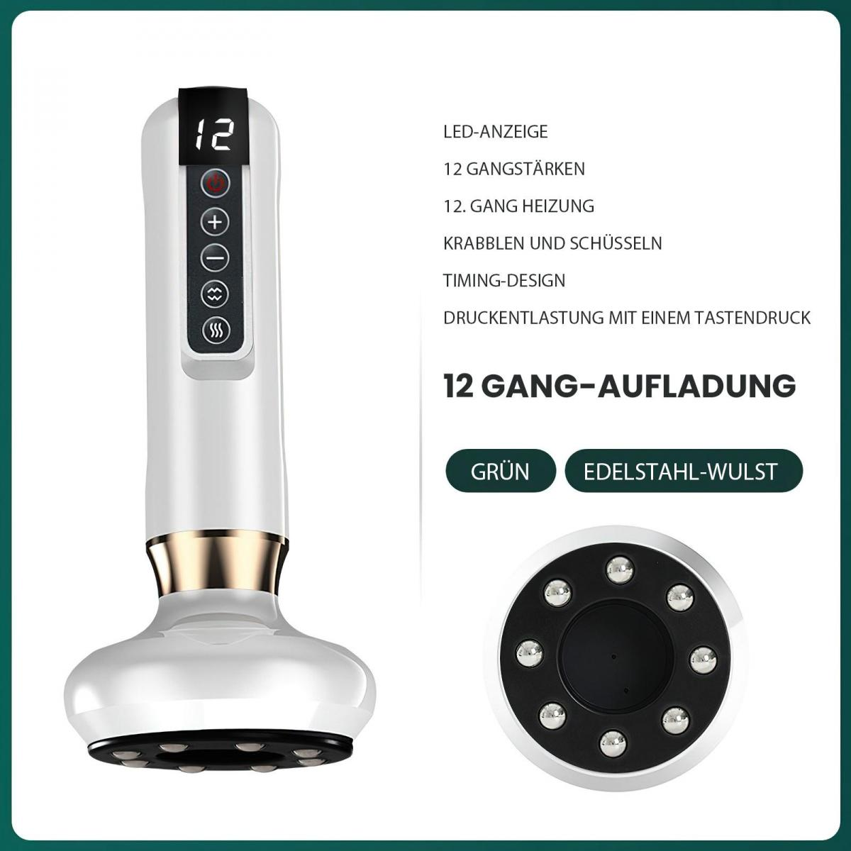 Weißes Gerät mit Knöpfen und Digitalanzeige '12'. Text enthält 'LED Anzeige' und '12 Gang-Aufladung'. Grüne und stahlfarbene Elemente.