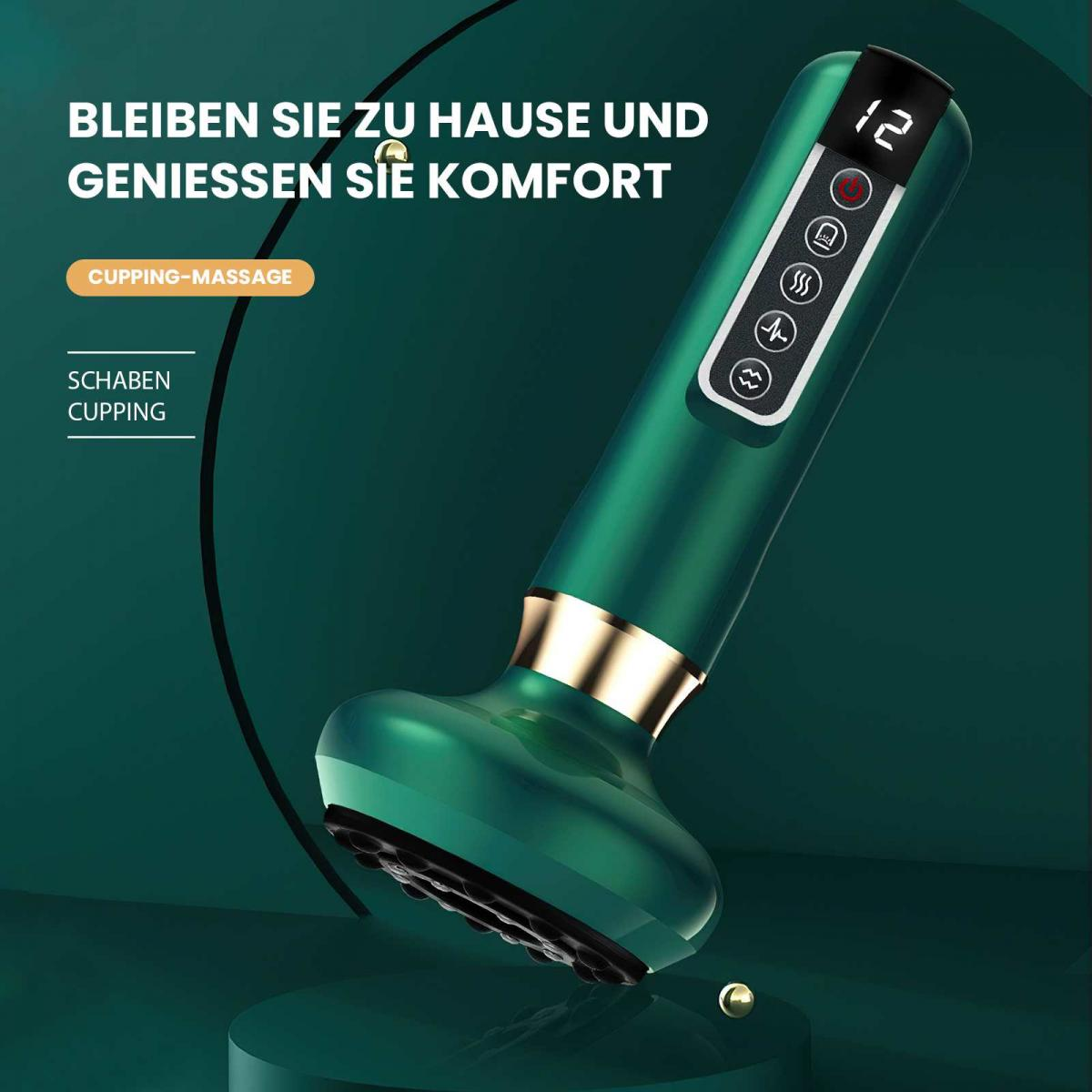 Ein grünes Schröpfmassagegerät mit goldenen Akzenten und digitaler Anzeige. Text auf Deutsch: Bleiben Sie zu Hause und genießen Sie Komfort.