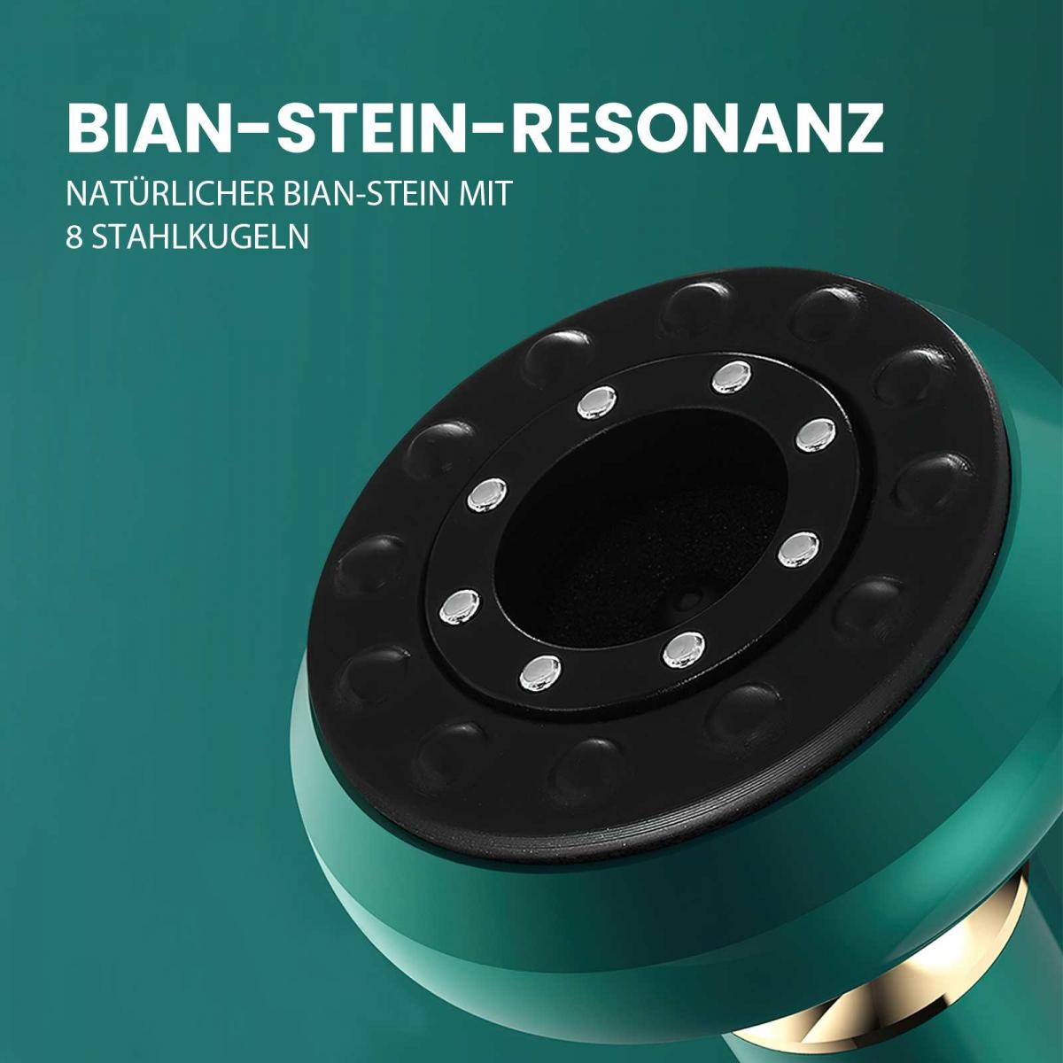 Nahaufnahme eines grünen Geräts mit schwarzer Oberseite und silbernen Kugellagern. Der Text oben lautet 'BIAN-STEIN-RESONANZ'.