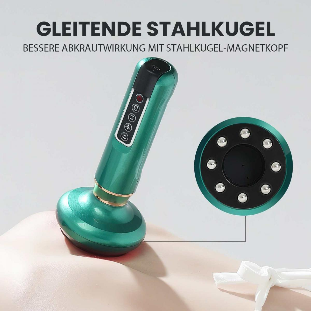 Ein grünes Massagegerät mit rundem Kopf wird auf die Haut aufgetragen. Ein Diagramm zeigt das Innere des Kopfes. Text ist auf Deutsch.