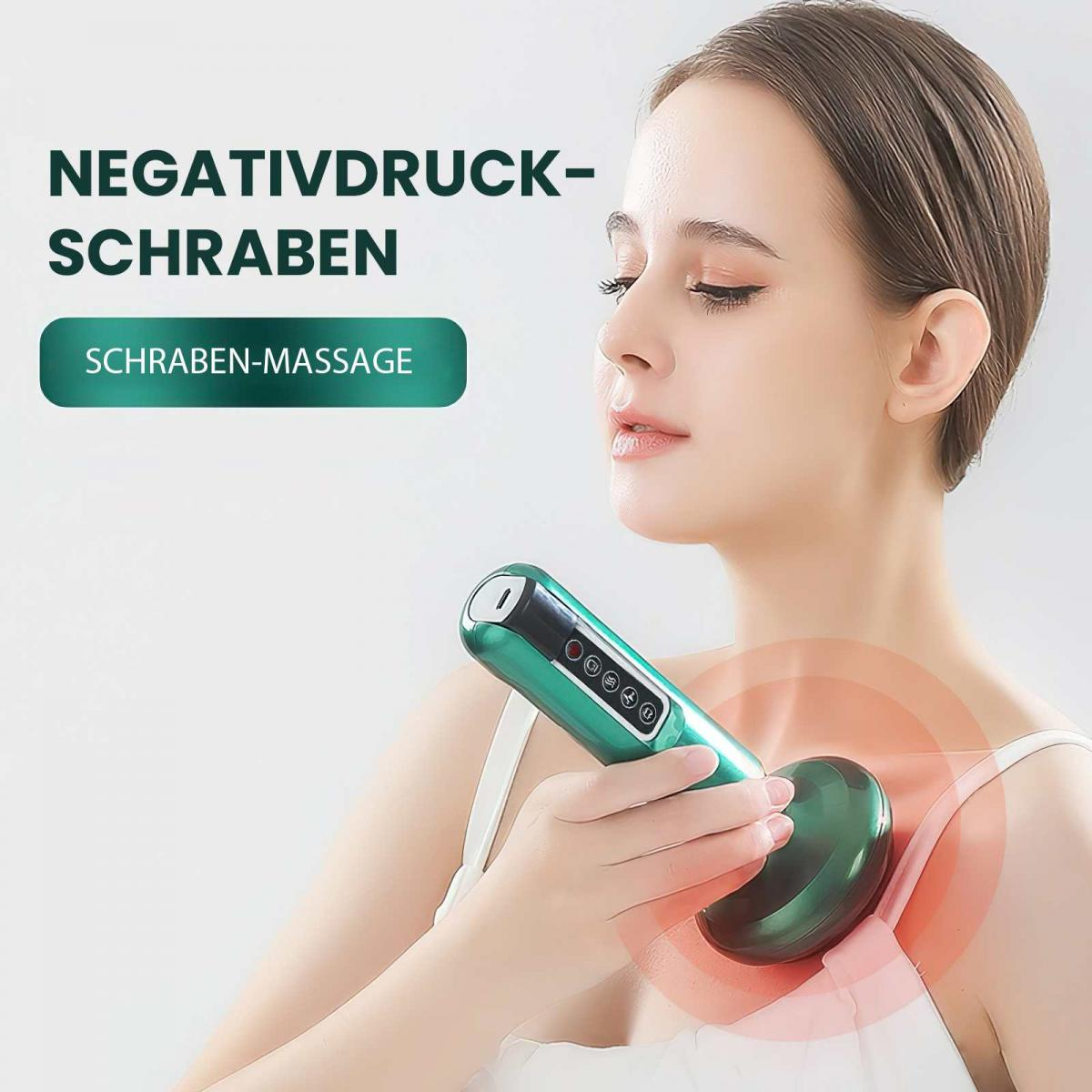 Eine Frau hält ein grünes Massagegerät am Hals. Oben steht 'Negativdruck-Schraben'. Darunter steht 'Schraben-Massage'.